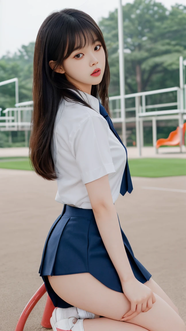 8K、Detailed Description、Very high definition、Realistic、reality的、Real、live-action、reality、High resolution、Nogizaka46、japanese idol,beautiful girl、21 years old、Dark brown eyes、School、Schoolyard、sunny、light smile, closed mouth,Long Hair、Headband、Knee-up-top angle of view、Back view、look back、School、Short sleeve shirt、Beige plaid skirt、Very black hair、pretty girl、Beauty、Glowing Skin、Glowing Skin、Shiny Hair、Hair blowing in the wind、Very white skin、Heavy makeup、Large Breasts、Slit eyes、Big Eyes、Double eyelids、Don't show your teeth、