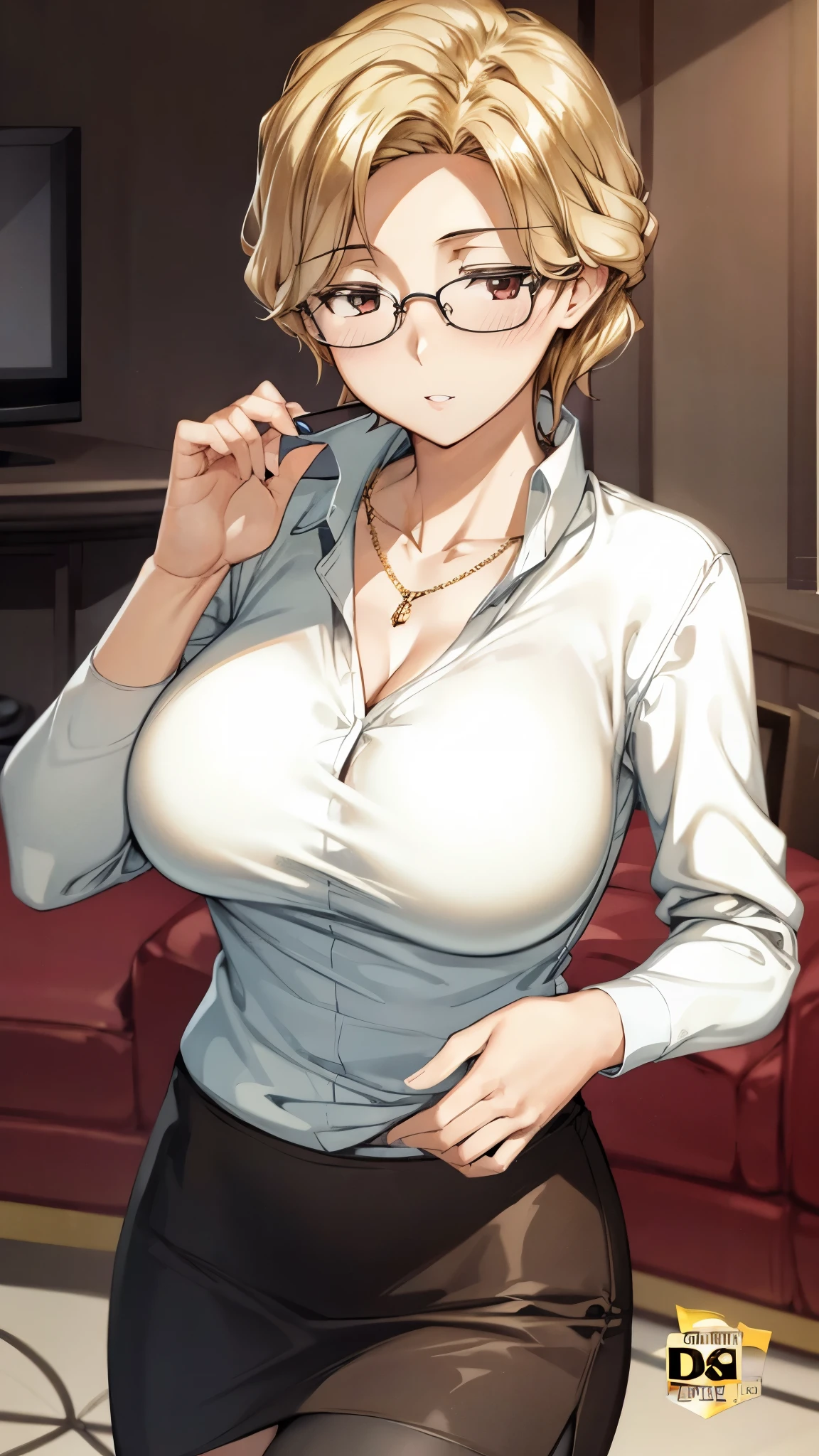 (super quality,ultra high resolution,16k,Super Masterpiece,Ultra HD ,detailed shading and background,)sexy mature woman, Gold,glasses,sexy white shirt with cuffed sleeves,tight tight skirt,cleavage,necklace,Big Breasts,cover,Open your lips a little,living room,