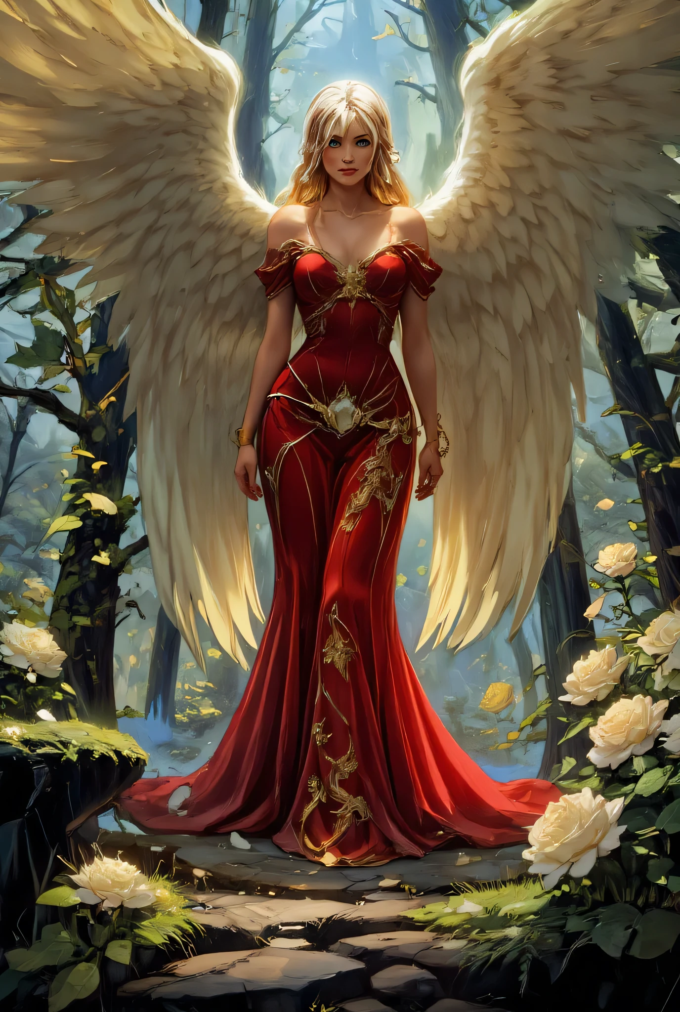 anime comic illustration fantasy art, an of an a beautiful female angel standing in forest, white rose petals swirling around the angel, full body,  beautiful angel, long  hair strands, wearing intricate, (red dress: 1.2), (white roses are entwined on the dress: 1.1), flowing white petals, fantasy forest background, it is dawn the sun rays reflect on the angel, sun rays hit the rose petals, ((high contrast: 1.5), [[anatomically correct]], high details, best quality, 8k, [ultra detailed], masterpiece, best quality, (extremely detailed), dynamic angle, ice queen, LOAsuccXL, lace up stilettos, string choker, elbow gloves, strapless, zavy-ctcmcs