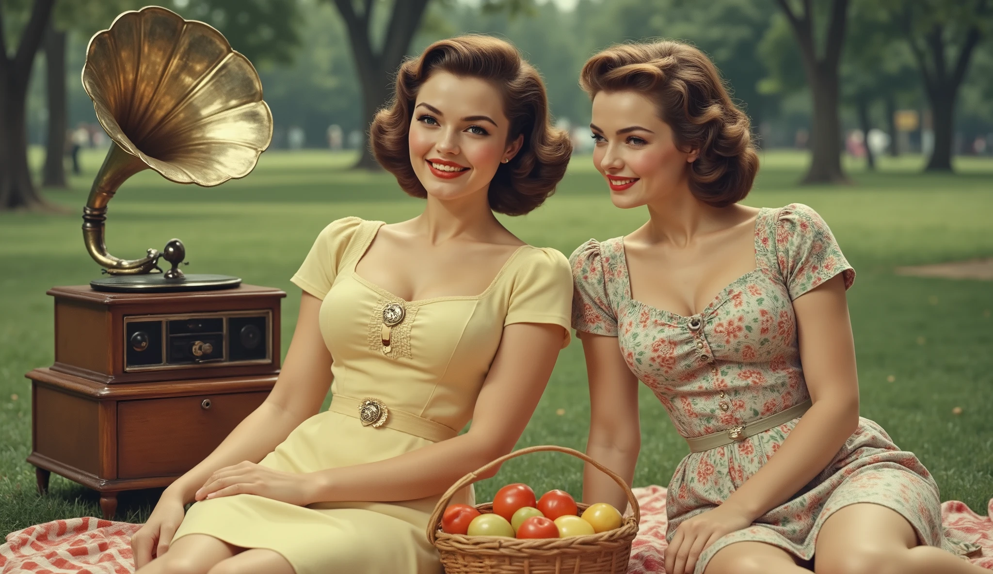 Two women in swing dresses sitting on a picnic blanket in a 1940s park, basket of fruits, old gramophone nearby playing jazz, sunny afternoon light, soft-focus background with trees, joyful and peaceful retro vibe
