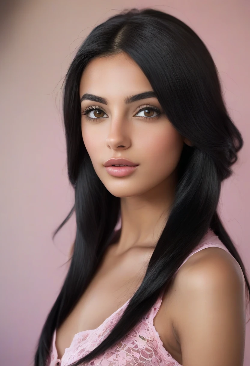 (front view) very detailed photo of Italian woman, detailed coffee shop background, (with black hair), (dark eyes) (symmetrical beautiful face) nice and defined nose, (protruding and angular jaw), defined lips proportional and full, stunning realistic photography, realistic soft colors, octane rendering, intricate details, sharp focus, stunning full colors, shot with a DSLR camera, 32k resolution, top quality, (focus on skin texture)