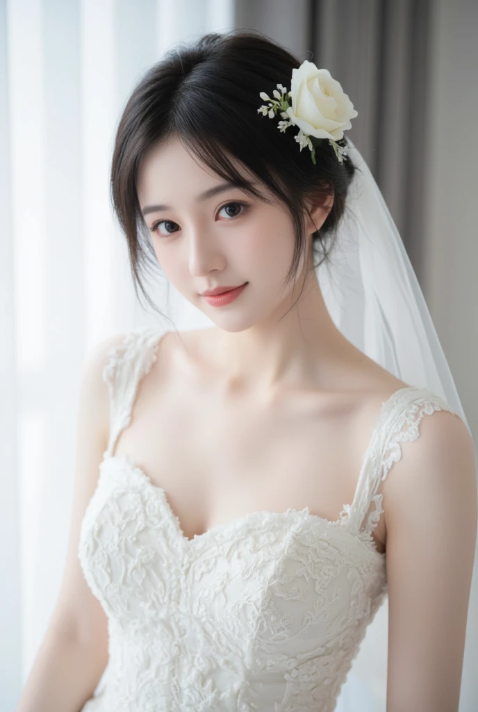 8k, Ultra-high resolution, Highest quality, masterpiece, 三分割法によるphotograph,Surreal, photograph, 1 Girl, (16 years old:1.3), pretty girl, Cute Face, Beautiful eyes in every detail, 細かくdetailedに,masterpiece,One Girl:1.2,Japan Female Teachers,extream close up,sad,light smile,Black short hair,Bob with bangs,(印象派の美しい少女のPortraiture),(Impressionist light and colour), (Gray background:1.3),(White Wedding Dress:1.3),(Fairy, bride, Shiny Hair, Beautiful dark eyes, So cute and beautiful,16 years old, ), (smile:0.8),Sharp contours,Looking down, (Wedding Veil,White lace), Light from above, (Side view),, Perfect and beautiful face ,完璧でCute Face, Skin with attention to detail, Perfect limbs、Narrow waist,Looking at the audience,(((Ideal body type))),A cup small breasts :2,Portraiture:2,Perfect Anatomy,鮮明なdetailed,detailed,Surreal,Light and shadow,glowing