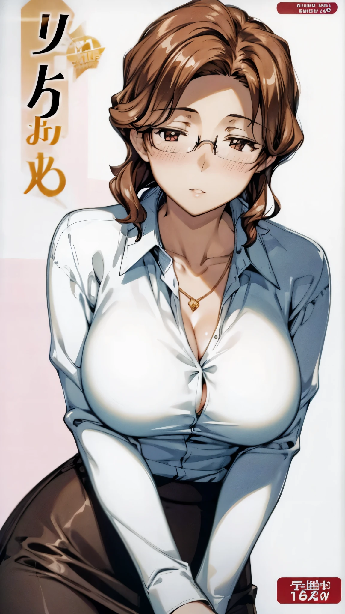 (super quality,ultra high resolution,16k,Super Masterpiece,Ultra HD ,detailed shading and background,)sexy mature woman, Gold,glasses,sexy white shirt with cuffed sleeves,tight tight skirt,cleavage,necklace,Big Breasts,cover,Open your lips a little,living room,