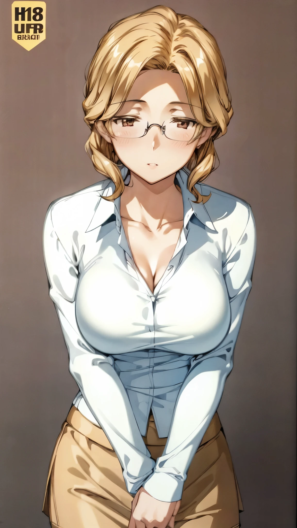 1girl, solo, arching back, arms up, armpits, teacher, milf, mature female, curvy, leaning over desk, pov, massive breasts, huge breasts, perky breasts, large breasts, cleavage, skirt, glasses, blonde, short hair, white shirt, pencil skirt, looking at viewer, viewer pov, upper body, hanging breasts, nipples,