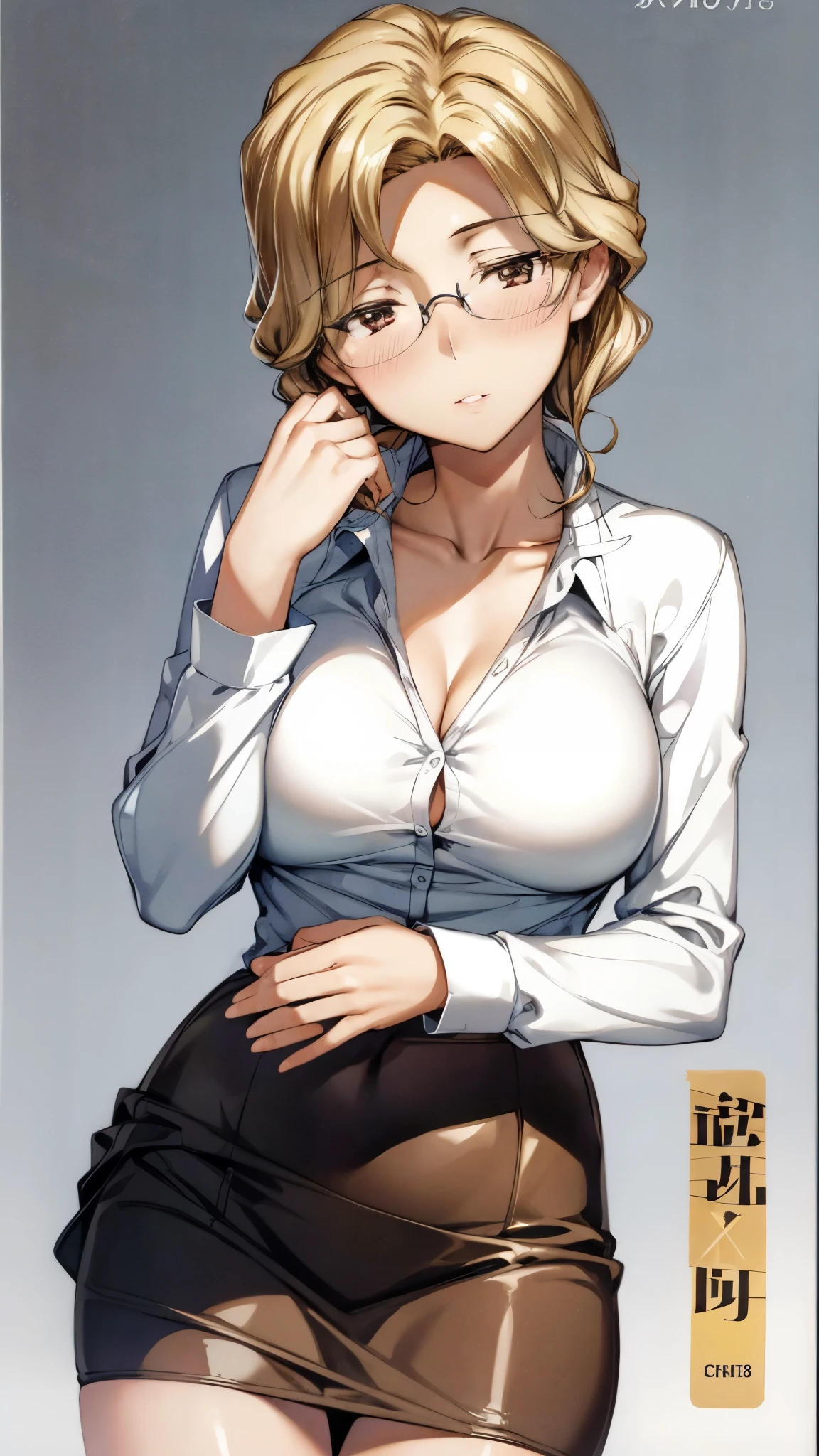A beautiful woman with long medium blonde hair, Very straight hair Elegant bun hairstyle, (bangs covering one eye) kawaii, Bangs cover the right eye slightly large breasts, blue slanted eyes, (Using a closed brown coat posing with a soft smile against a white background, her right eye visible and eye color yellow, Elegant wearing a black t-shirt wearing a long, tight black skirt, right hand holding the left hand left hand resting on the side of the thigh.