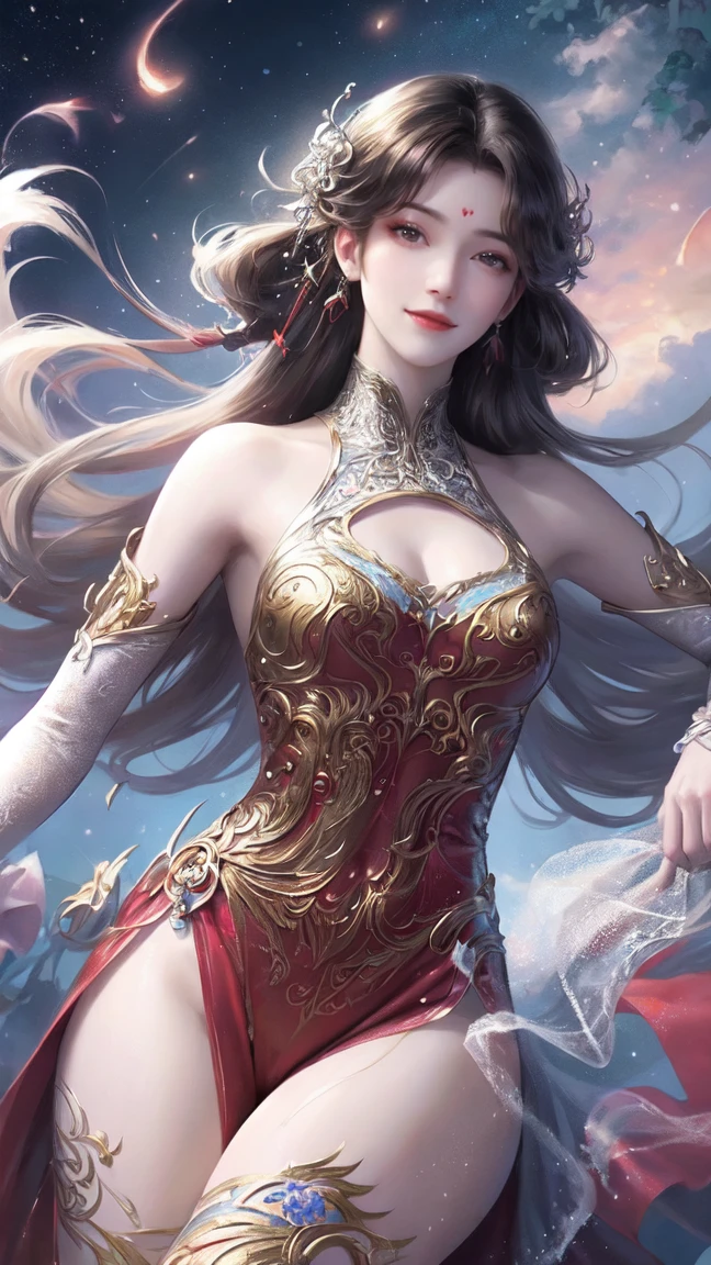 (8k, Highest quality, masterpiece),{practical, Original photo, Ultra-fine and transparent, image, practical Light, Delicate skin, (Beautiful slim woman, whole body, Age 25, Court Knight:1.5), thin legs, Microparticles, Long Hair, Detailed fingers, thin, Expressions of Ecstasy, Dynamic sexy pose, (Arcadia:1.8), No concealment,Beautiful views, (Wind and Sun:1.5),
