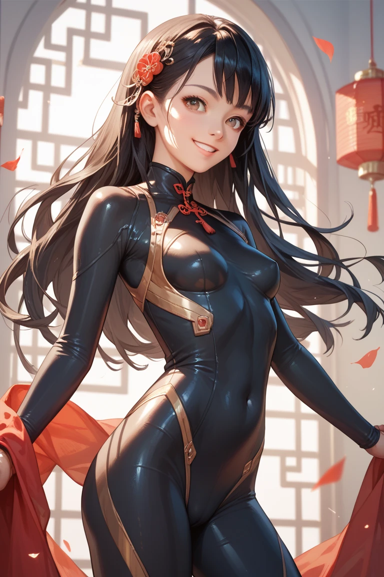 Highest Resolution,Highest quality,A beautiful girl in a Chinese leotard crying,Bun Hair,Dark bedroom,Tears,Open your mouth and drool,whole body,Sweat profusely,Cry,Beautiful eyes,