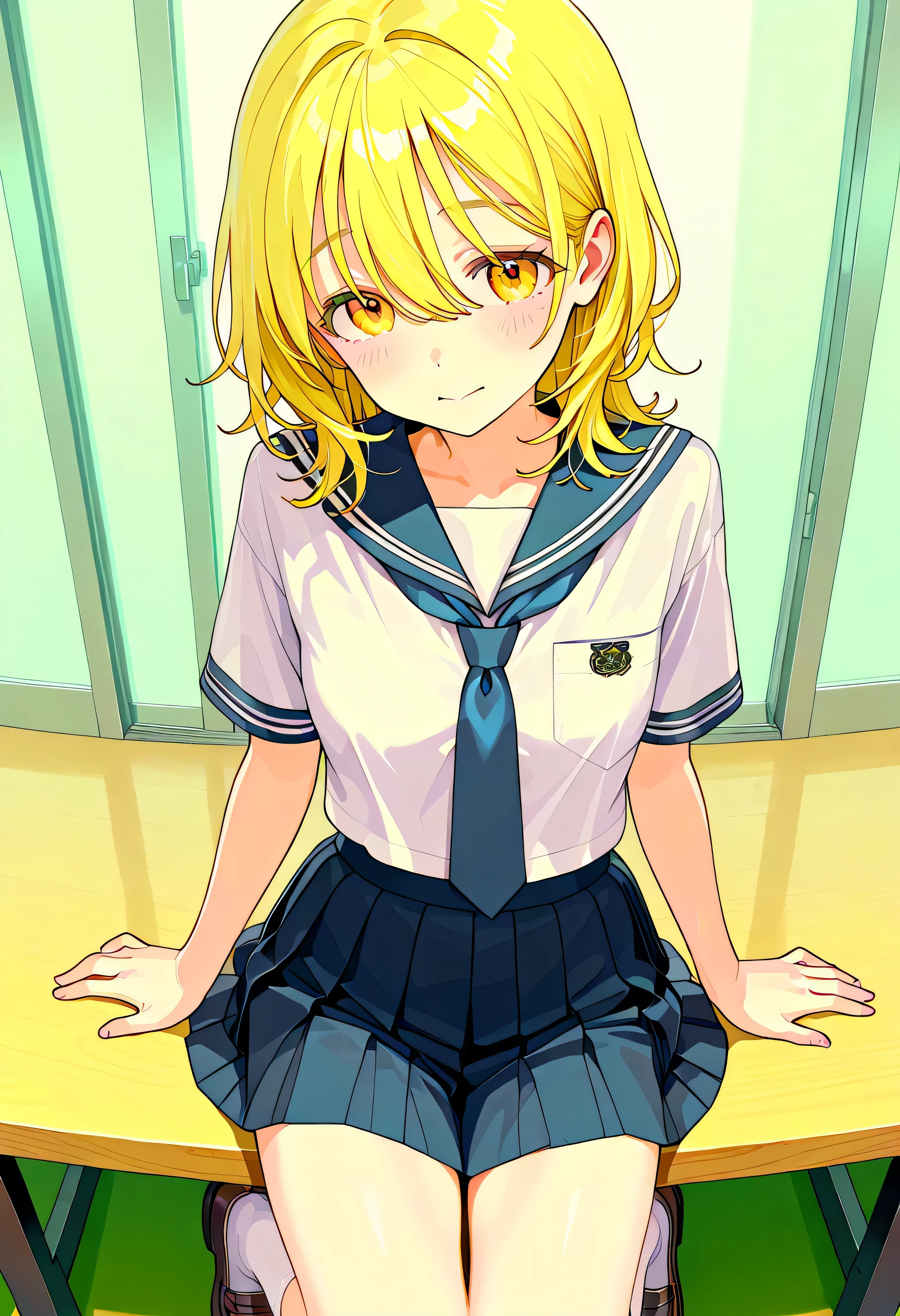 (ultra detailed、masterpieces、Best Quality、high resolution:1.8)、high image quality、Best Quality、High definition picture quality 、one girl、summer、Outdoors、(Out立っている smile、open your mouth, laughs:1.2)、(curvy body:1.2)、blonde(A )、short hair(neckline、Long pile )、unbelievably big huge breasts、black bra、Black Panties、navy blue sailor suit(Short sleeve and long、Bras See-Through、 skirt long)、white high socks、 coin loafers 、pose