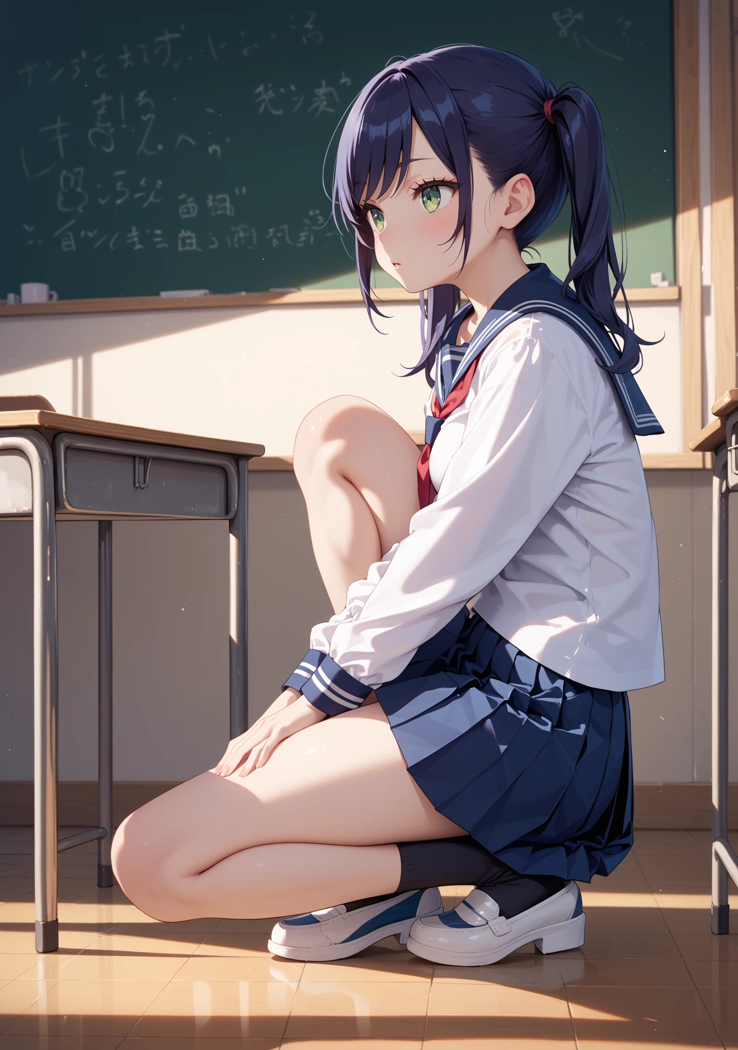 nichijo style、simple、Simple、mischief、Expectations、Shyness、Sit on a chair、School、classroom、Daytime、Cute girl , Steam rises around her, Shooting from below, One Girl, Brown Hair、Very short hair, Brown eyes、Red frame glasses、White blouse, Navy Blue Skirt, Navy blue socks, Brown Loafers, Thin legs、Small breasts, Highest quality, 4K, 8K, High resolution, masterpiece:1.2, Very detailed, Realistic, photoRealistic, photo-Realistic:1.37, High resolution, 超High resolution, Studio Lighting, Ultra-fine painting, Sharp focus, Physically Based Rendering, Very detailed説明, Professional, Vibrant colors, Bokeh