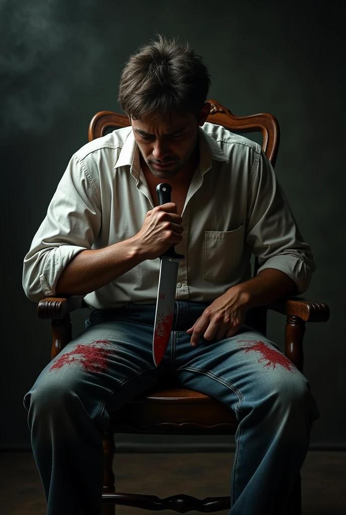 A man is sitting on a chair and cuts his tongue with a knife, which is why it is bleeding