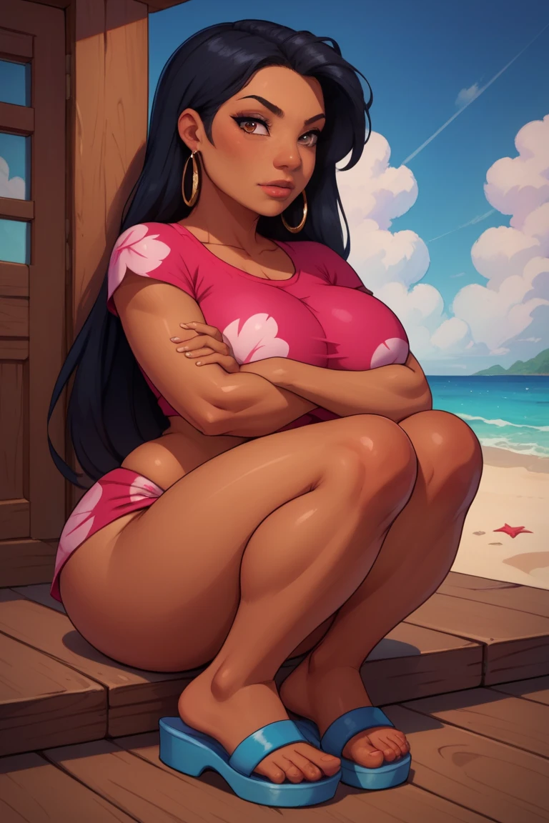 score_9, score_8_up, score_7_up, score_6_up, score_5_up, score_4_up, 1girl, ,, nude, large breasts, , slutty, , dark skinned female, sunbathing, on her stomach, beach, pussy, anus, bubble butt, toned figure, looking back at viewer, grabbing own ass, daylight, beach setting, blue sky, 1girl, black hair, black eyes, mole under eye. twin braids, dark skin