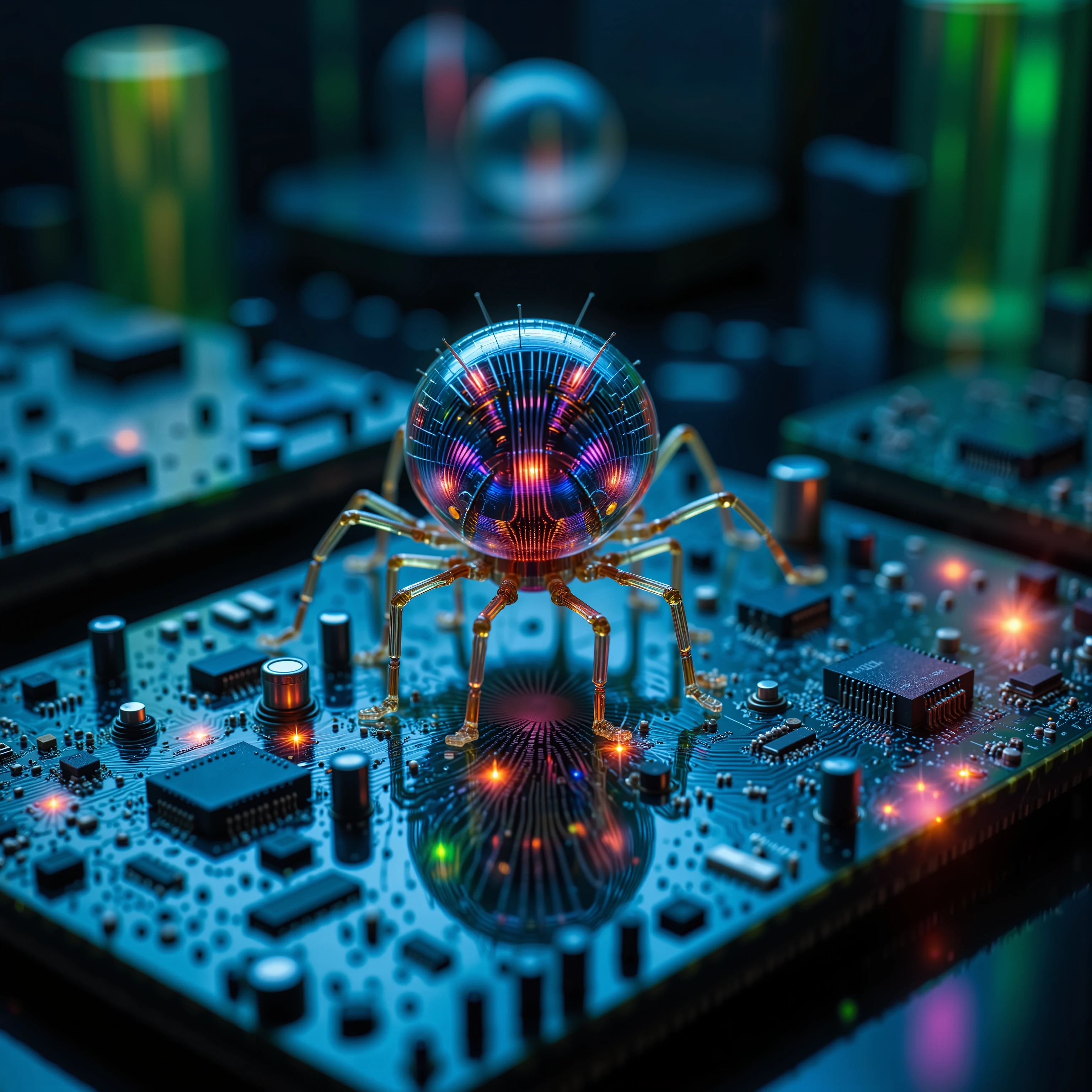 A photorealistic rendering of a single, highly detailed nanorobot, reminiscent of the visual style of Minority Report, meticulously positioned on the surface of a complex, intricately designed motherboard. The nanobot, approximately 100 microns in size, exhibits a sleek, biomechanical design with polished chrome and translucent sapphire accents. Its multifaceted surface reflects the ambient light, creating vibrant highlights and deep shadows. The robot possesses six articulated limbs ending in microscopic manipulators, suggesting advanced dexterity. It displays a subtle bioluminescent glow emanating from within its core, pulsing faintly. The motherboard is a densely packed landscape of microchips, capacitors, and circuitry, rendered with extreme detail, featuring various colors – predominantly emerald green, gold, and deep violet – showcasing a mix of textures from smooth metallic surfaces to rough, etched circuit paths. The overall lighting is cool and dramatic, with a strong, focused key light highlighting the nanobot, casting sharp, defined shadows emphasizing its three-dimensional form. The composition utilizes a close-up, macro perspective, emphasizing the intricate details of both the nanobot and the motherboard. The background is softly blurred, suggesting a depth of field, directing the viewer's attention to the nanobot. The overall atmosphere is one of futuristic technological advancement, infused with a sense of wonder and mystery. The style should evoke a blend of hard sci-fi aesthetics and precision engineering, inspired by Ridley Scott's Blade Runner and the sterile beauty of advanced technological environments. The image should be rendered with extreme depth of field and cinematic lighting.