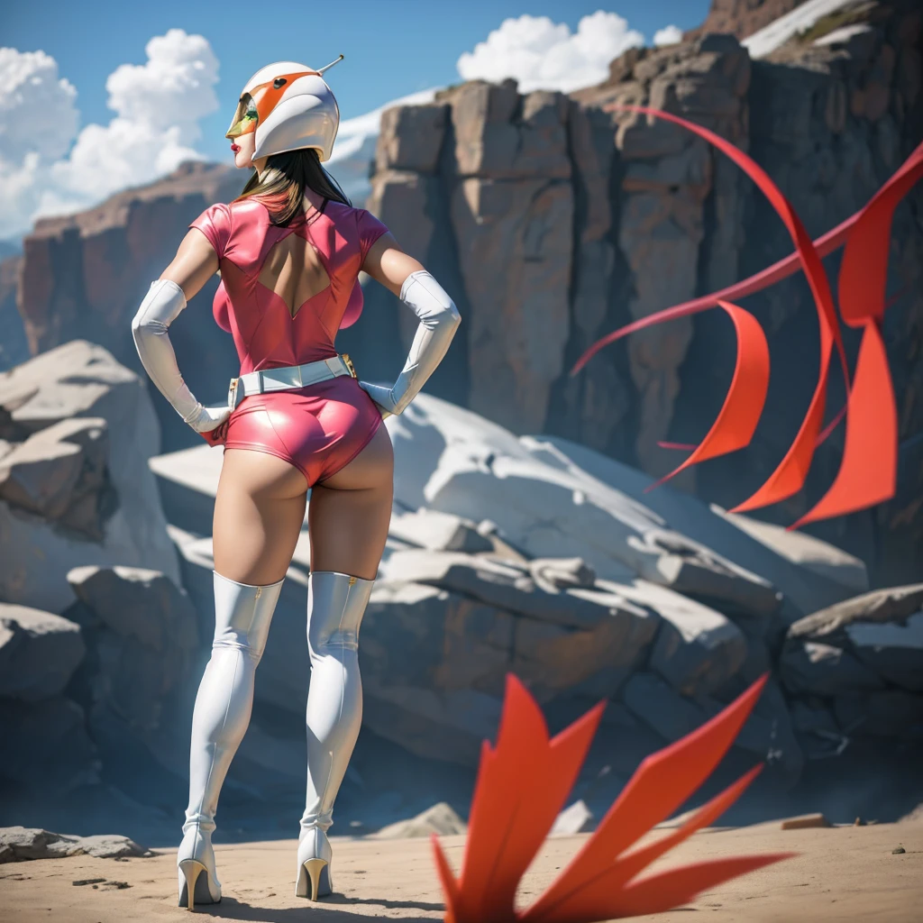 chi chi, ((long black hair, blunt bangs, sidelocks, ponytail, glowing black eyes, makeup, narrow waist, skinny, medium breasts, helmet)), pelvic curtain, ((armor, dark blue bikini armor, cape, collarbone, gloves, pink helmet, navel, shoulder armor)), full body, perfect body, (insanely detailed, beautiful detailed face, masterpiece, best quality) , (((solo))), (((1girl))), (((mature))), (extremely detailed 8k paper CG wall unit: 1.1), (nature, forest, cloud, sky, sun), (smile face for the viewer), underbutt, from behind, from back