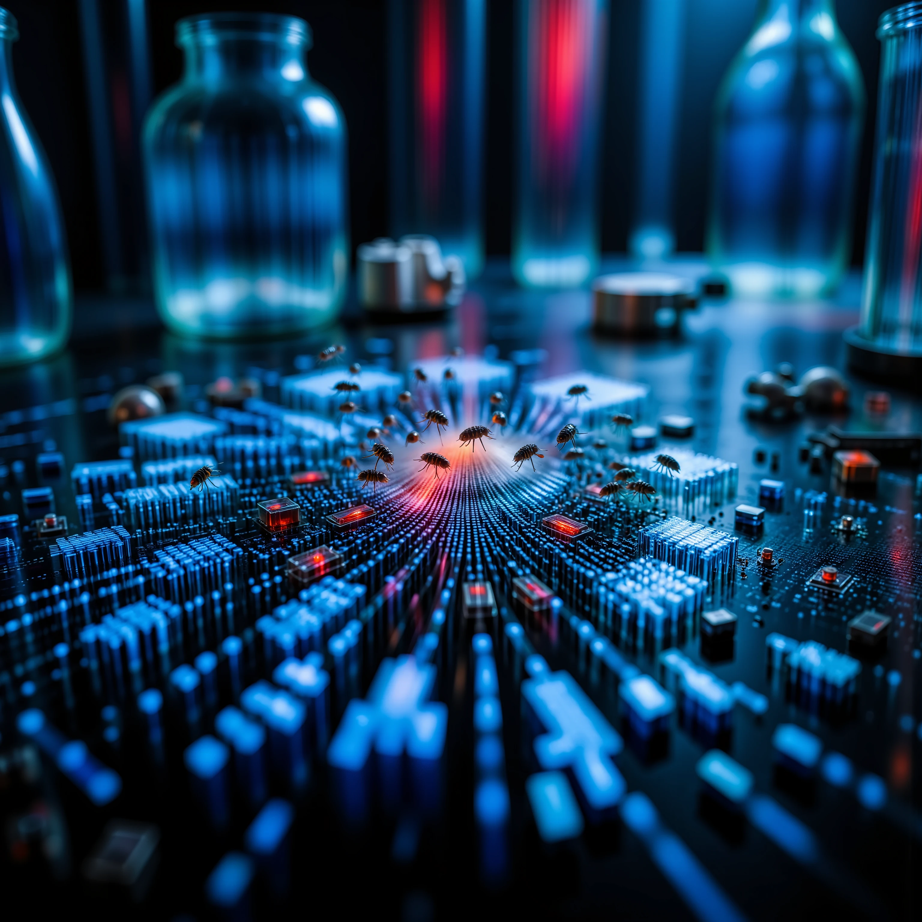 A close up of nanobots working on a mechanical surface, Their tiny, intricate arts assembling microcomponents with precise movements. I nanobot, each no larger than a grain of sand, glow with faint red and blue lights while manipulating miniature gears and wires, that weave a digital tapestry of high-tech complexity. Lab Glassware.