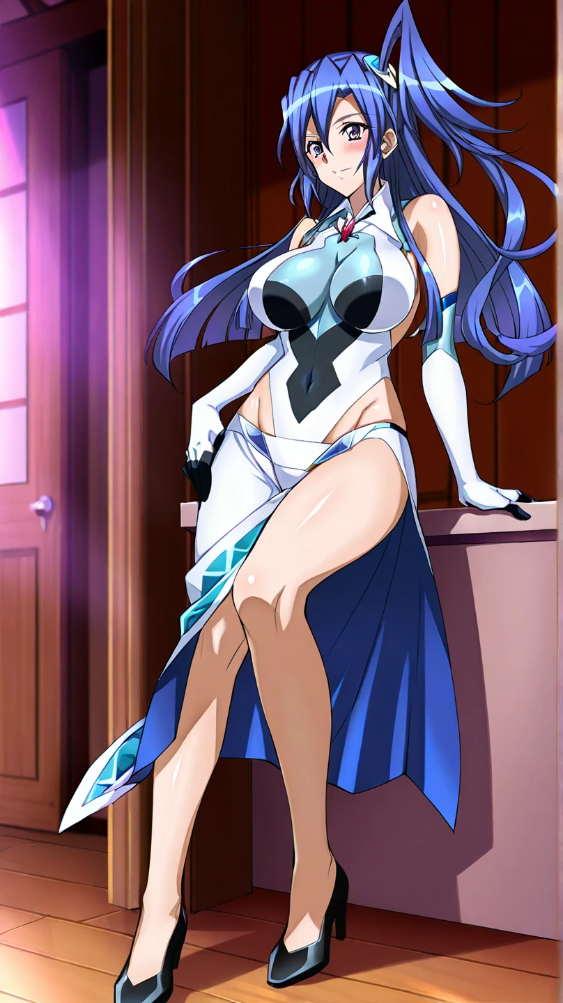 FAIRY TAIL ANGEL, LONG HAIR, BANGS, BLUE HAIR, HAIRBAND, BLUE HAIRBAND, AHOGE, THIGHHIGHS, GLOVES, DRESS, CLEAVAGE, ELBOW GLOVES, WHITE DRESS, 1girl, solo, facing viewer, (evil smile:1.3),Highly detailed CG Unity 8K wallpaper, perfect lighting,laugh at,evil smile,evil smirk,looking down at viewer,,smile bad,deep shaded face,too evil fall,dark world background,two hands,five fingers,two legs,thighhigh boots,