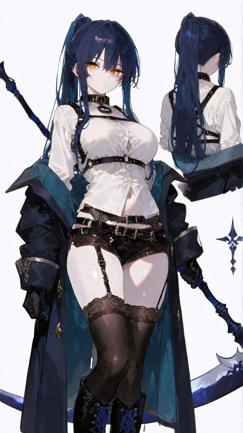 masterpiece, best quality, highres, absurdres, concept art, character profile, reference sheet, turnaround, logo, text, 1girl, revealing clothes, nipples, topless, bottomless, bdsm, exhibitionism, idol
