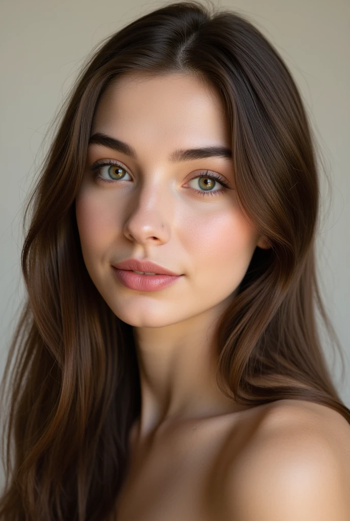A 20 year old girl of European descent with an aura of natural grace. She has luxurious long, wavy light brown hair with a red tint that frames her face. Her complexion is fair, suggesting a delicate, porcelain-like quality. She has light freckles on her face. Her facial structure looks like it is a composition of harmony with a soft jawline that enhances her high cheekbones. She has a very innocent look. Her body is athletic with a small waist and C-cup sized breasts. She has a mild sun tan. Her lips are full and bear a subtle rose shade, complementing her skin. Her eyes are a striking clear, vivid green or hazel, wide and bright, with naturally well-defined eyebrows that arch with finesse. Instagram model. 80 mm. She is looking straight into the camera with bright lighting on her face. This is a close up portrait shot.