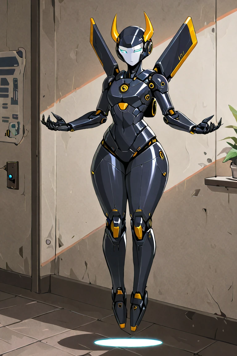 (masterpiece) (high Res), (((robot))), (Perfect face), (perfect anatomy), robot woman with a robotic head, in super tight clothes, (casual outfit), (jeans), shirt, neutral expression, ((glowing yellow screen face)), big breast, narrow mechanical waist, wide hips, thick thighs, metal body, black high heels, (robot girl), ((solo)), ((alone))