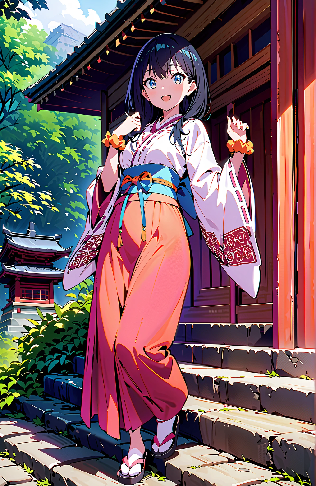 score_9, score_8_up, score_7_up, source_anime, It's because of Rikkata, black hair with a young pattern, blue eyes, long hair, orange scrunch, scrunchie, Wrist Scrunches , smile,cover,Open Your Mouth,Orange wrist scrunch, Shrine maiden, kimono, object, Red Hakama Skirt , Wide Sleeves, long sleeve, ribbon trim sleeve,Sandals, white socks, standing on a stone staircase,noon,full bodyがillustrationsに入るように,break outdoors, shrine,
break looking at viewer,full body,
break (masterpiece:1.2), Best Quality, high resolution, Unity 8k 壁紙, (illustrations:0.8), (beautiful detailed eyes:1.6), very detailed face, so that it fits into the illustration, Extremely Detailed CG, (perfect hand, perfect anatomy),