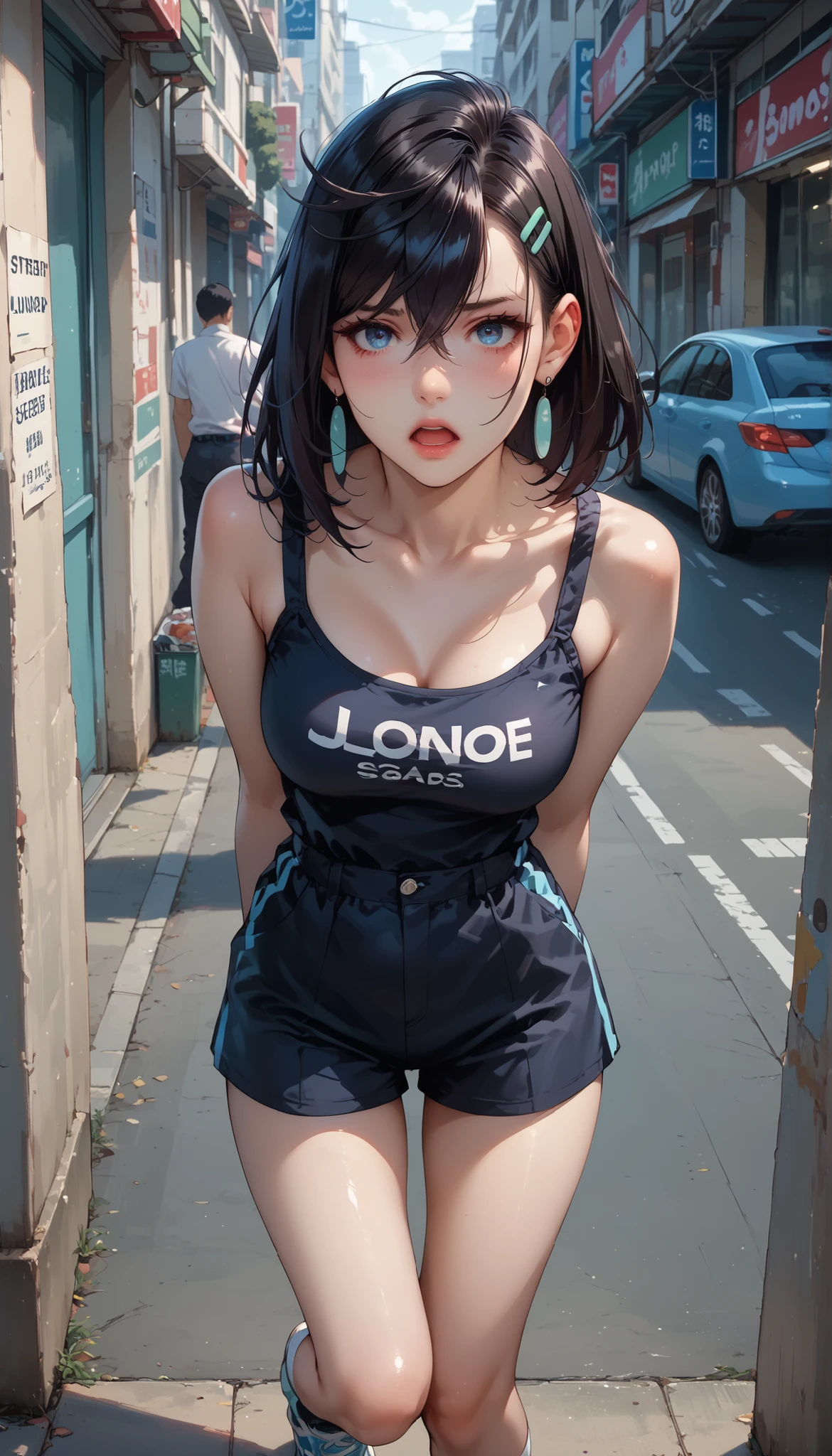 A girl with big breasts lifts her t-shirt to show off her breasts in a natural setting、Hair style is black bob