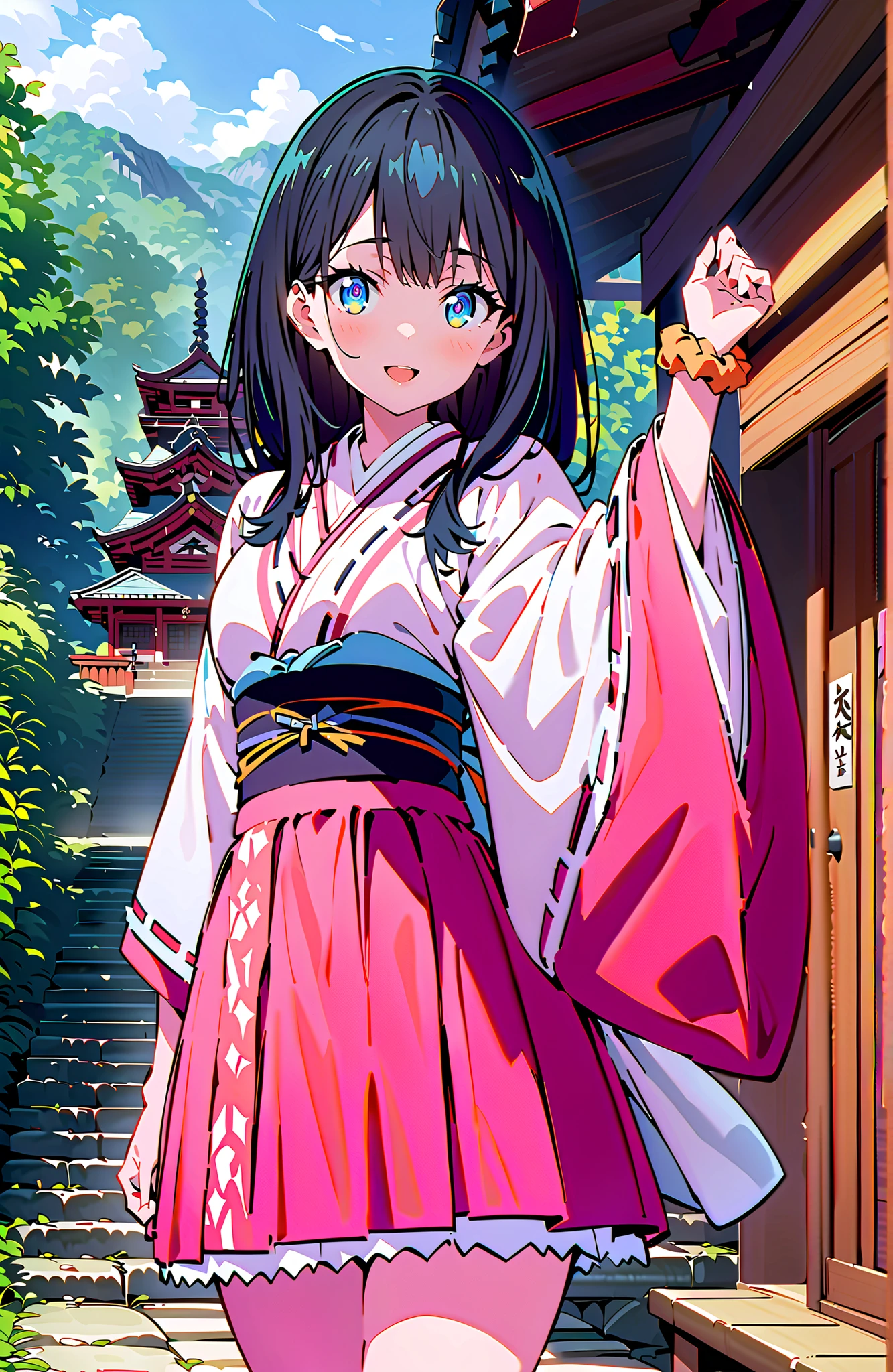 score_9, score_8_up, score_7_up, source_anime, It's because of Rikkata, black hair with a young pattern, blue eyes, long hair, orange scrunch, scrunchie, Wrist Scrunches , smile,cover,Open Your Mouth,Orange wrist scrunch, Shrine maiden, kimono, object, Red Hakama Skirt , Wide Sleeves, long sleeve, ribbon trim sleeve,Sandals, white socks, standing on a stone staircase,noon,full bodyがillustrationsに入るように,break outdoors, shrine,
break looking at viewer,full body,
break (masterpiece:1.2), Best Quality, high resolution, Unity 8k 壁紙, (illustrations:0.8), (beautiful detailed eyes:1.6), very detailed face, so that it fits into the illustration, Extremely Detailed CG, (perfect hand, perfect anatomy),