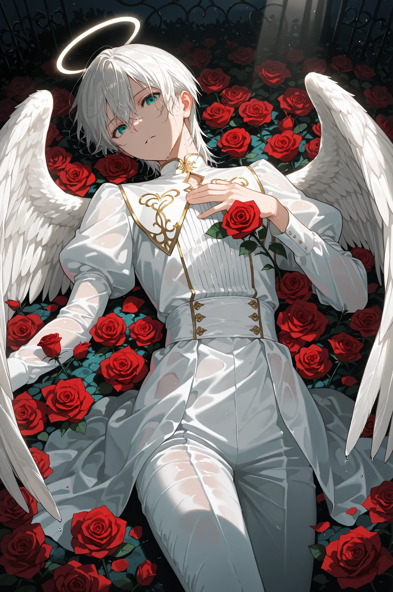 dynamic angle, cowboy shot, dramatic scene, at night, roses all over the screen, rose garden,
BREAK
(((1boy))), (solo), look at viewer, lying on a rose, wet hair, (innocent clothes), beautiful shape, slender, angel wings,
BREAK
impeccable masterpiece, superb quality, ultra-high resolution, staging of light shining through, dramatic shading, light source based on precise calculations