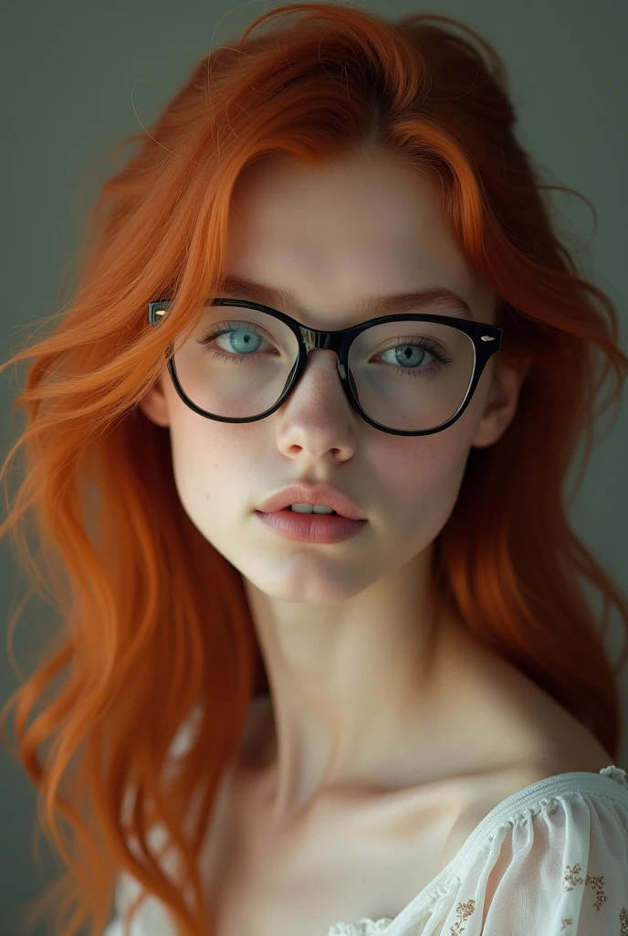Redhead girl with blue eyes and glasses