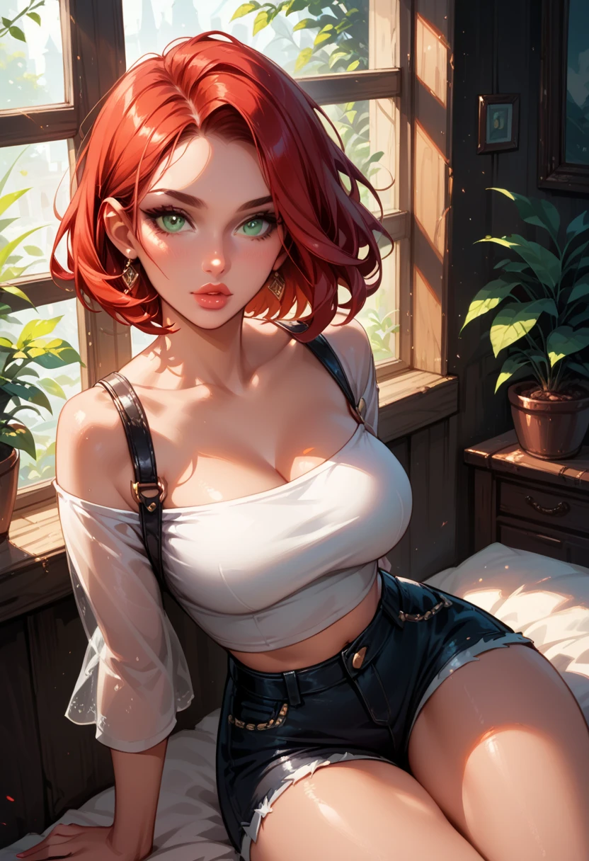 8k, RAW Photography, portlate, top-quality, 超A high resolution、piercings、Photorealsitic, 1 girl, full bodyesbian, redhair, Green eyes、a necklace, a smile, eye lashes, movie lighting, depth of fields, lensflare、camisole, kneeling