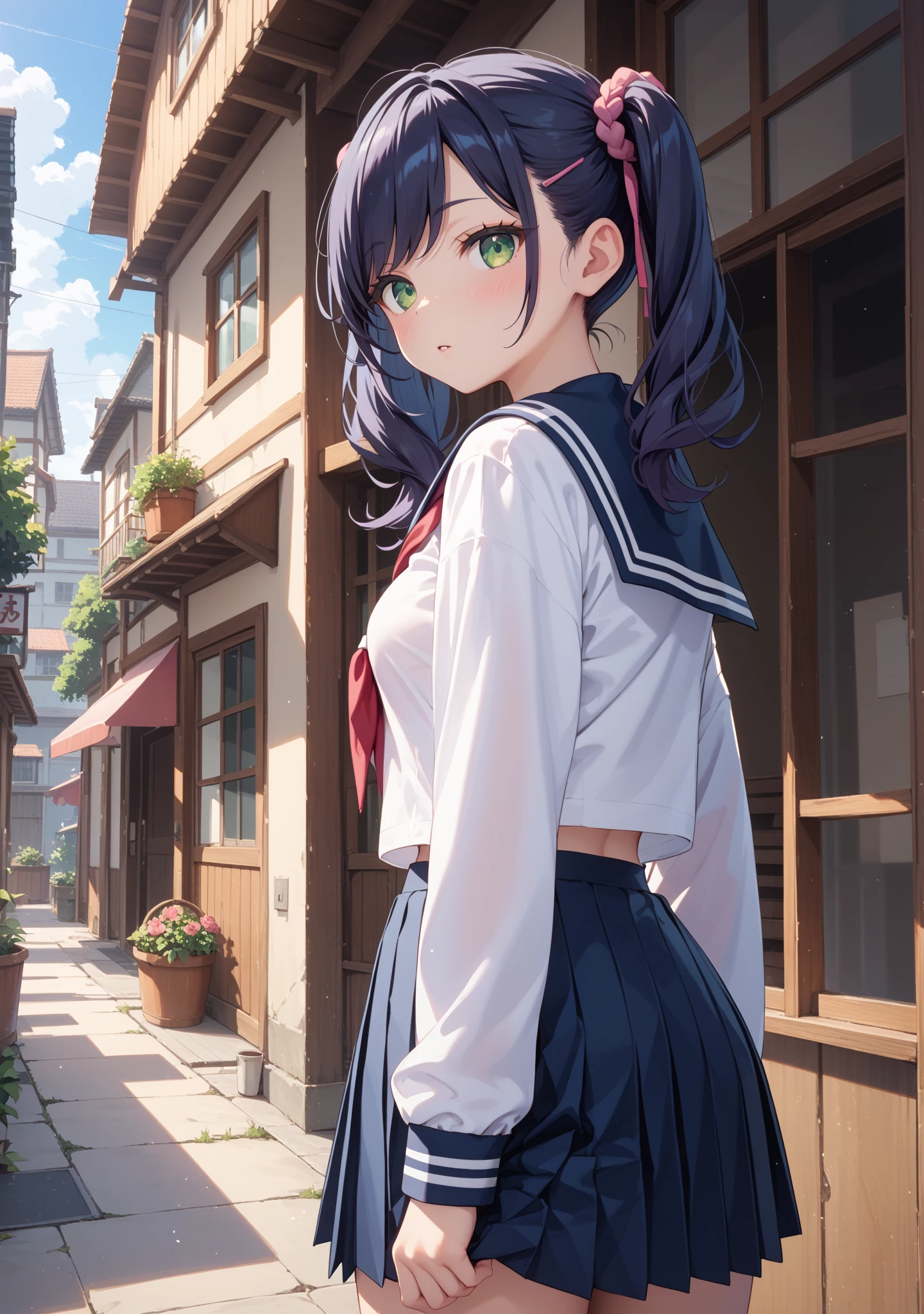 1girl, AmanaiRiko, solo, white_panties, school_uniform, sailor_collar, serafuku, letterboxed, braid, blue_sailor_collar, looking_at_viewer, long_hair, open_mouth, parted_lips, bangs, :o, shirt, Taisho era, rear view, shows ass, butt