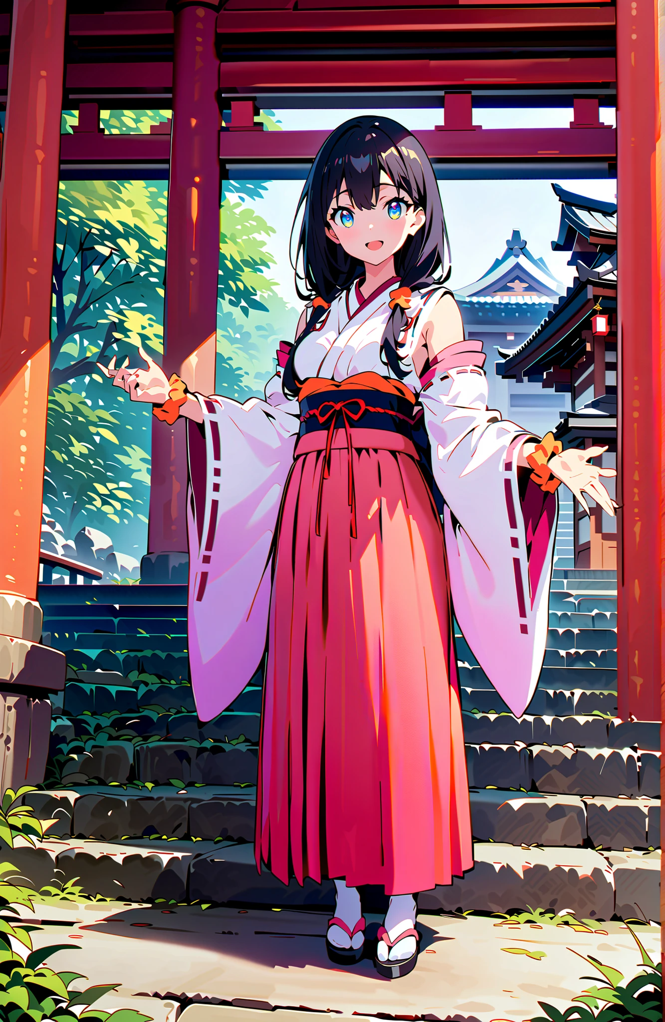 score_9, score_8_up, score_7_up, source_anime, It's because of Rikkata, black hair with a young pattern, blue eyes, long hair, orange scrunch, scrunchie, Wrist Scrunches , smile,cover,Open Your Mouth,Orange wrist scrunch, Shrine maiden, kimono, object, Red Hakama Skirt , Wide Sleeves, long sleeve, ribbon trim sleeve,Sandals, white socks, standing on a stone staircase,noon,full bodyがillustrationsに入るように,break outdoors, shrine,
break looking at viewer,full body,
break (masterpiece:1.2), Best Quality, high resolution, Unity 8k 壁紙, (illustrations:0.8), (beautiful detailed eyes:1.6), very detailed face, so that it fits into the illustration, Extremely Detailed CG, (perfect hand, perfect anatomy),