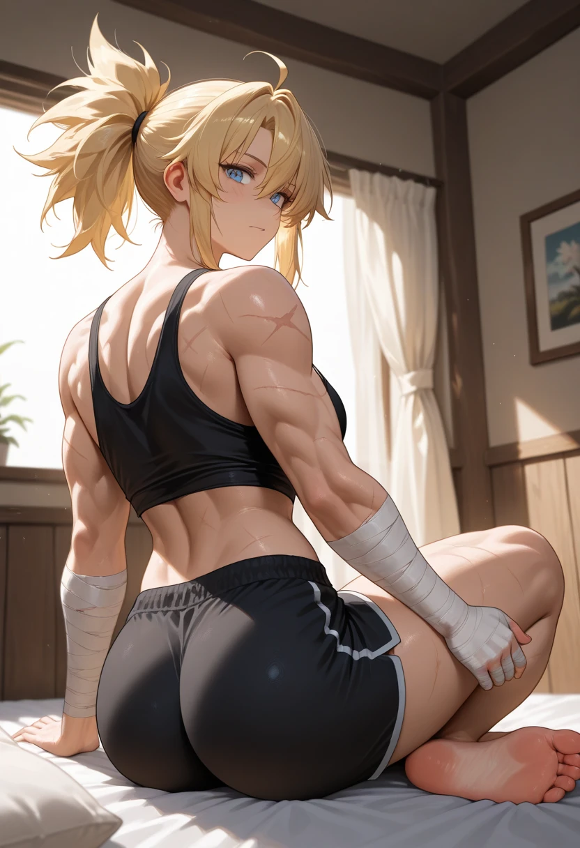 Very detailed、Highest quality、Best image quality、masterpiece、8k、Anime Face、A kind smile、Sparkling Blue Eyes、Long blonde curly hair、(SFW Huge Body)、(((Rear View)))、Cowboy Shot、(Wearing a white T-back:1.5)、Muscles of the whole body、Kneel on the sofa