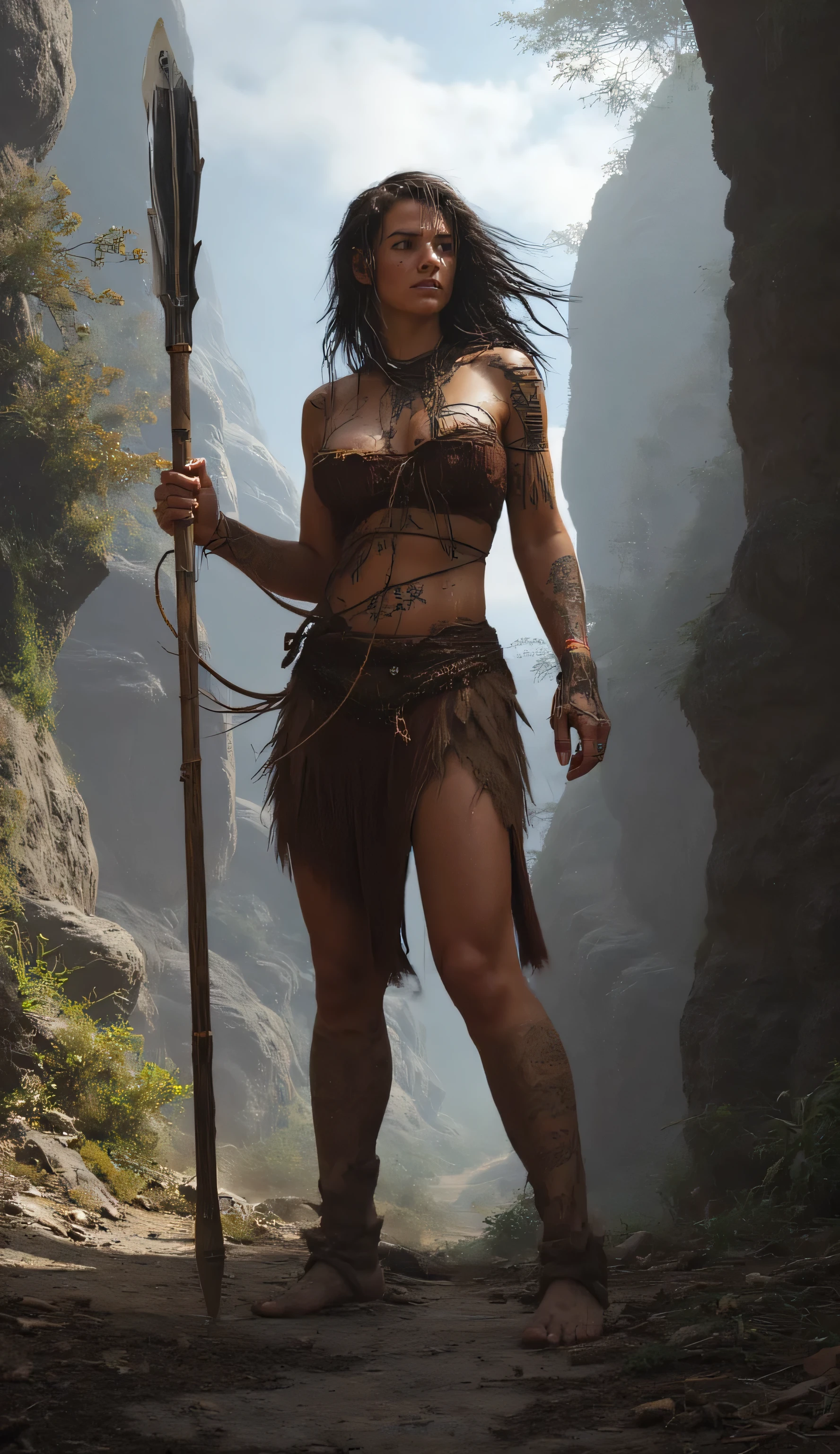 prehistoric warrior woman with a spear