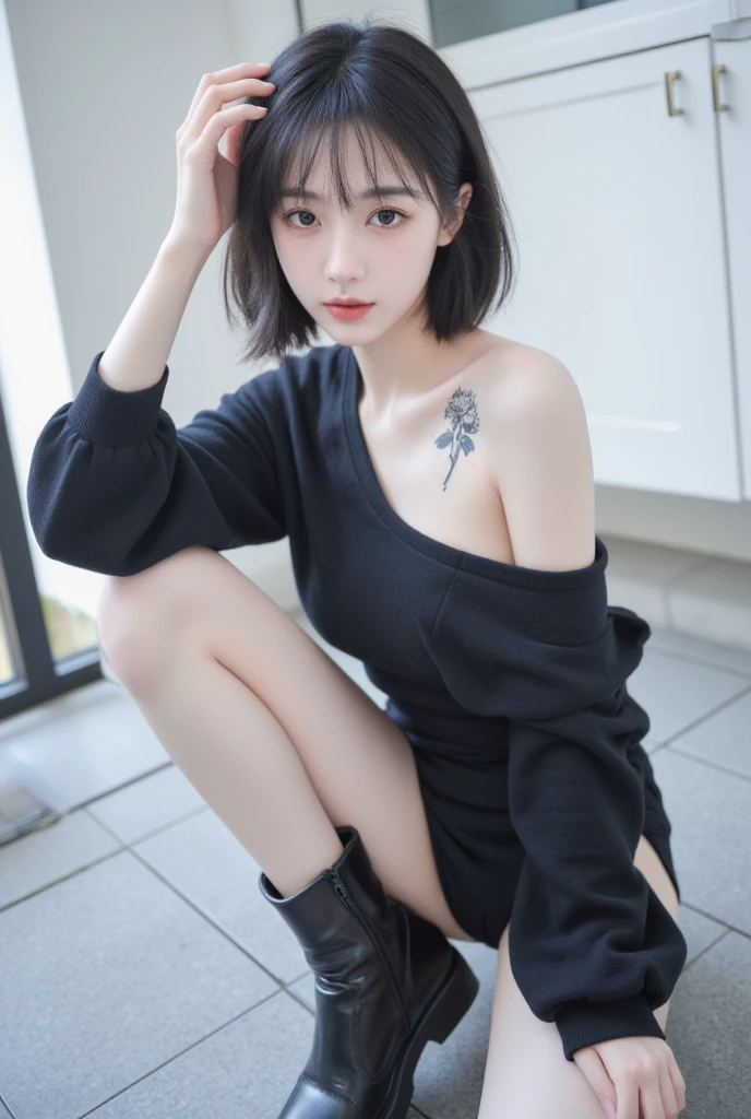 ((masterpiece)), ((best quality)), (ultra-detailed), ((extremely detailed)), 4K, (8K), best quality, a beautiful woman, (( gray hair)),  ((curly bob cut)), light blue eyes, detailed skin, freckled skin, 　20 years old, 
((wavy hair, hair covering one eye, black Y-shirt with open front)), ((black suit)), looking at me,  solid beige background, Like the model, photorealistic, cool, serious, ((Sitting  on a stool)), sitting, Perfect legs, precise legs, crossed legs, nice hand, perfect hand
