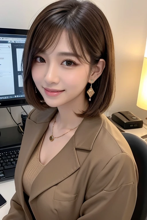 Beautiful young woman、 Brown Hair、ウェーブのかかった髪、Working in front of a computer、Necklace around the neck、Office Lady Suits、Jacket、Unbuttoned shirt、smile、Beautiful teeth alignment、short hair、Intricate details, Very detailed:1.2), 、 Looking into the camera,The background is the office、Necklace around the neck、Dark eyeliner、ear piercing