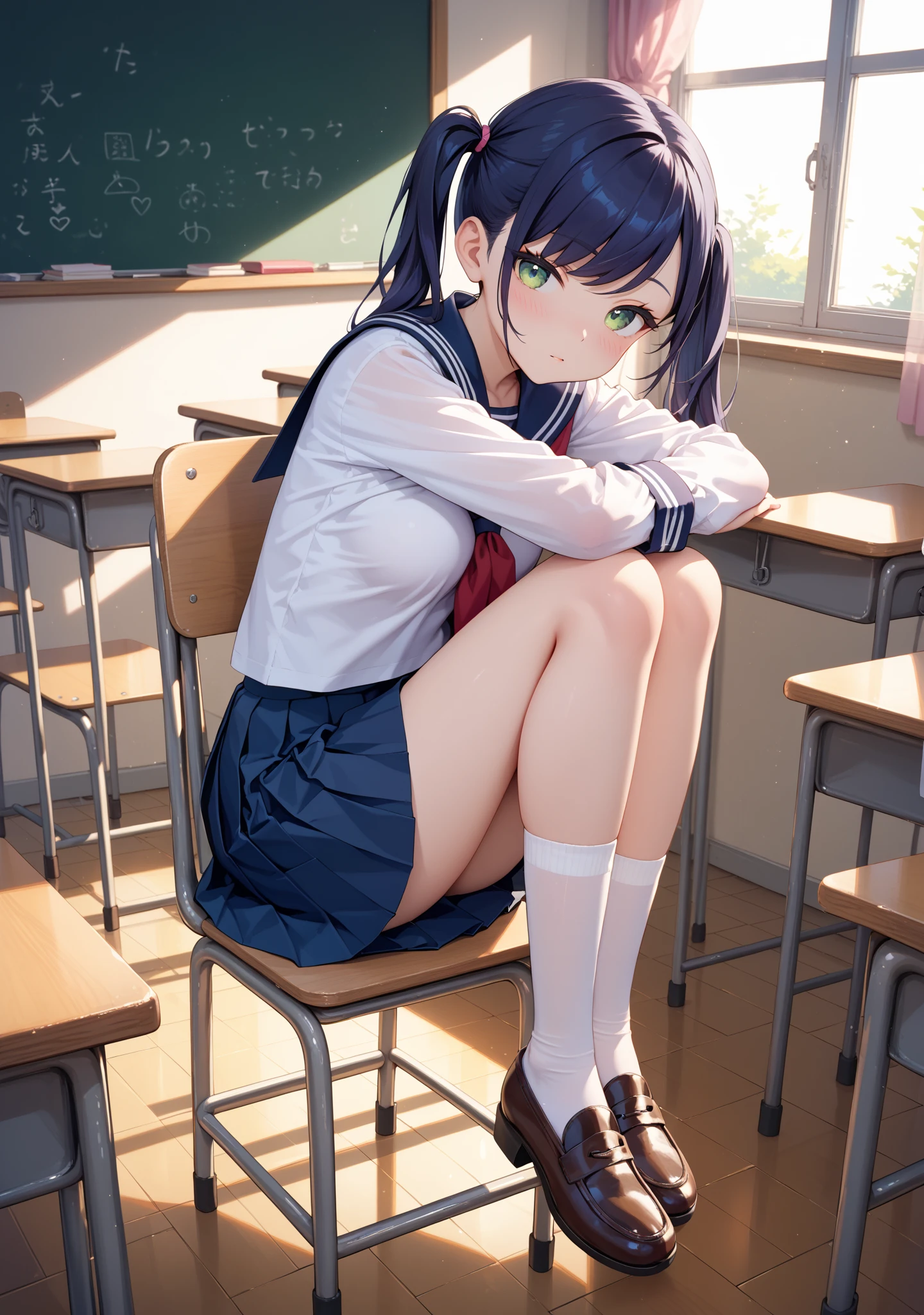 lighting like a movie、top-quality、school classrooms、High school girl sitting at the desk with her legs open and showing her panties、full of sweat、Hide your face with one hand、