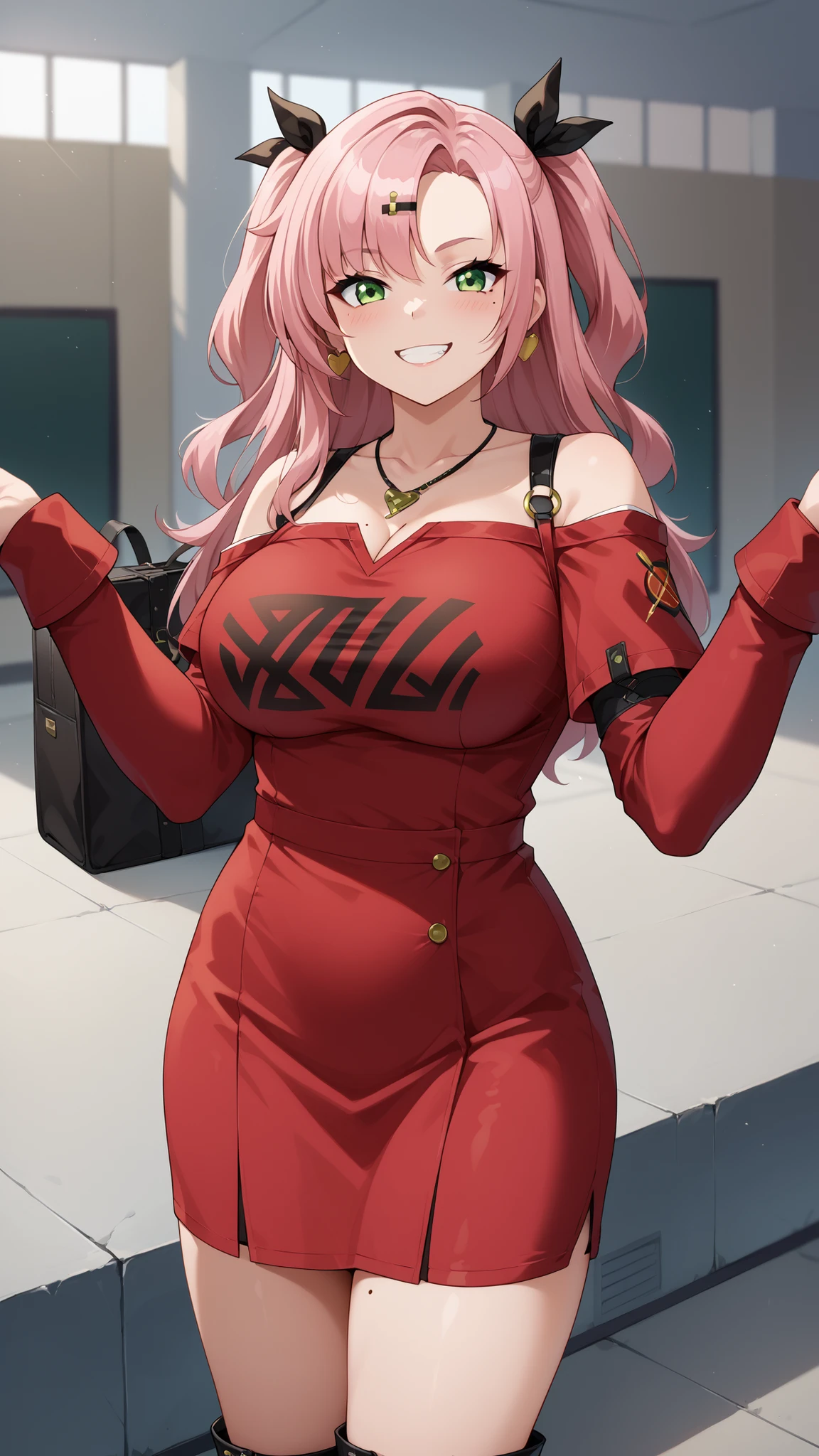 Nicole Demara, Nicole begins, (Green Eyes:1.5), Pink Hair, hair ornaments, hair ribbon, Hair Clip, Long Hair, mole, mole on breast, mole on thigh, mole under eye, Both sides up, ribbon, Grin, 笑face, Open your mouth,
BREAK black footwear, black ribbon, black Shorts, black socks, black Knee socks, boots, Cleavage, Earrings, jewelry, Knee-high, Manicure, necklace, O-ring, Thigh straps, Knee socks, Both sides up,
BREAK looking at viewer, (Cowboy Shot:1.5),
BREAK (masterpiece:1.2), Highest quality, High resolution, unity 8k wallpaper, (figure:0.8), low length, Primary school students, face, Young girl body, NULL目, score_9, score_8_up, NicoleNSFW, green eyes, pink hair, long hair, two side up, Big breasts, mole under eye, hairclip, thick legs, sexy legs, wide hips, smile, horny face, seductive face, blushing