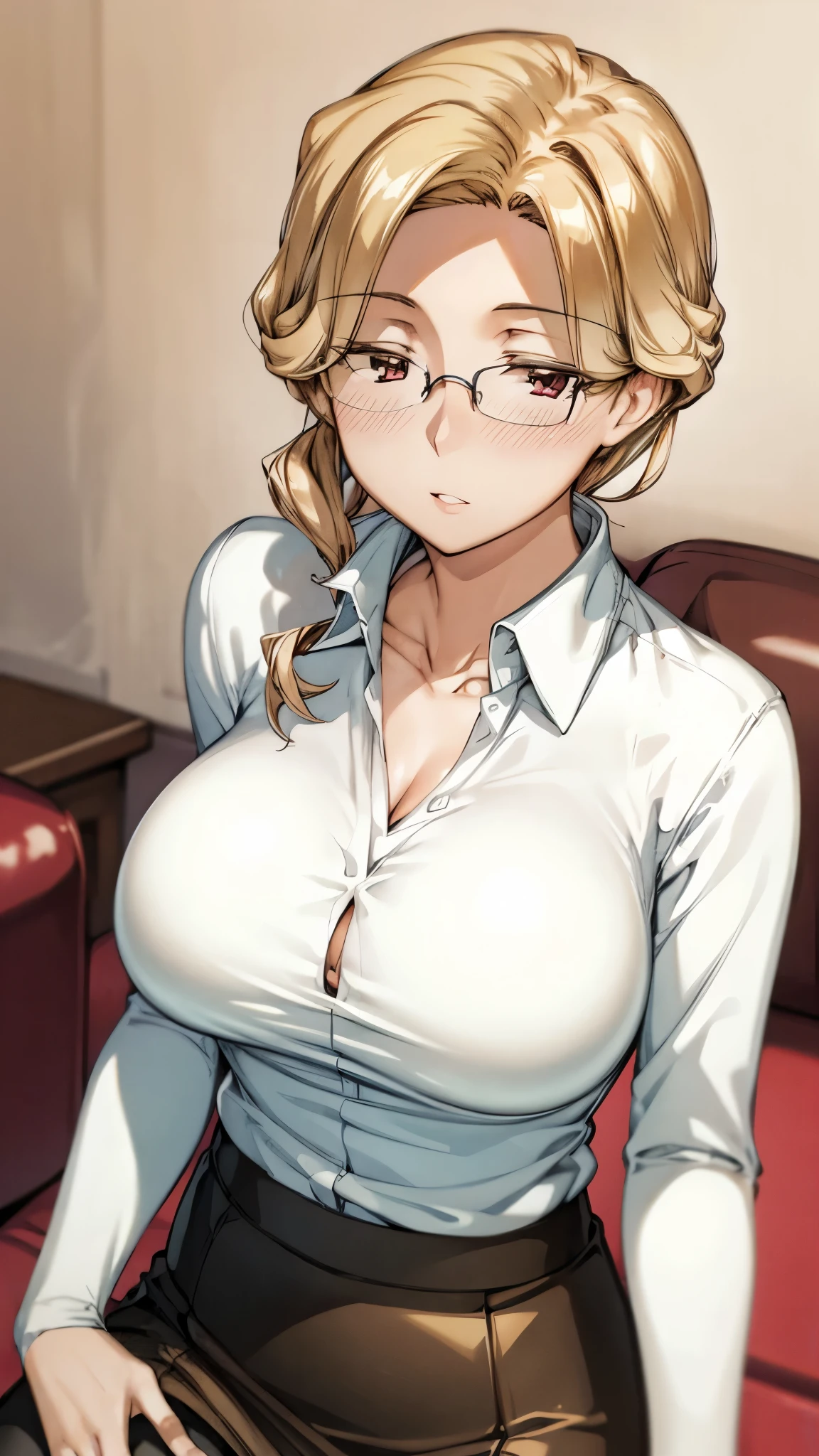(sitting at office chair), (writing on book), sarielx, god rays, (white office shirt), (red bowtie), black short pants, (office room background), anime cels style, best quality, high resolution, 1girl, (huge breasts:1.2), beautiful face, cowboy shot, heterochromia, braided ponytail, braided bangs, smiling, looking at viewer, (semi rimless eyewear)