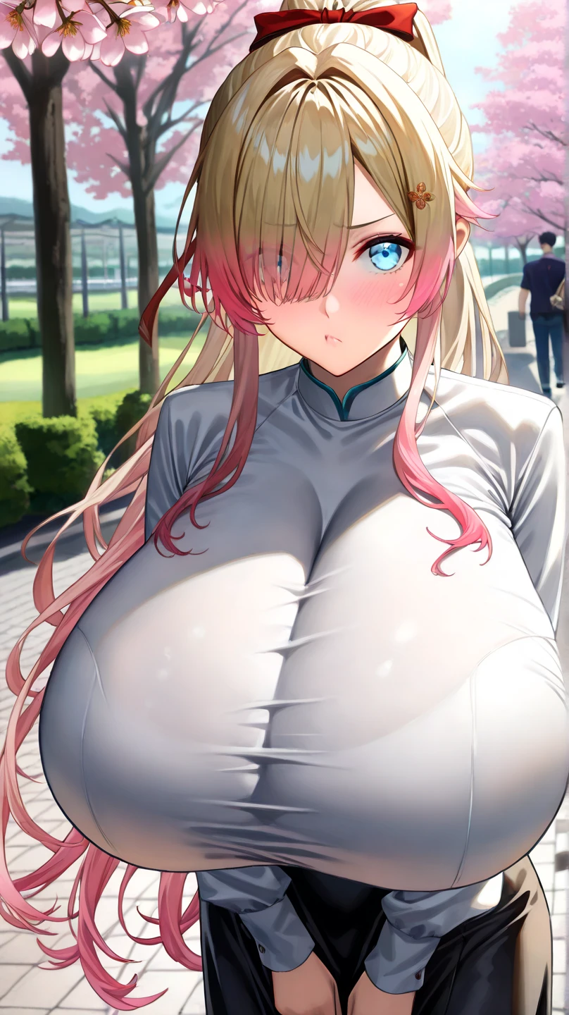 、long hair ,pink hair, big breasts, solo ,nipple, 16years old, ride a bicycle, Expressway