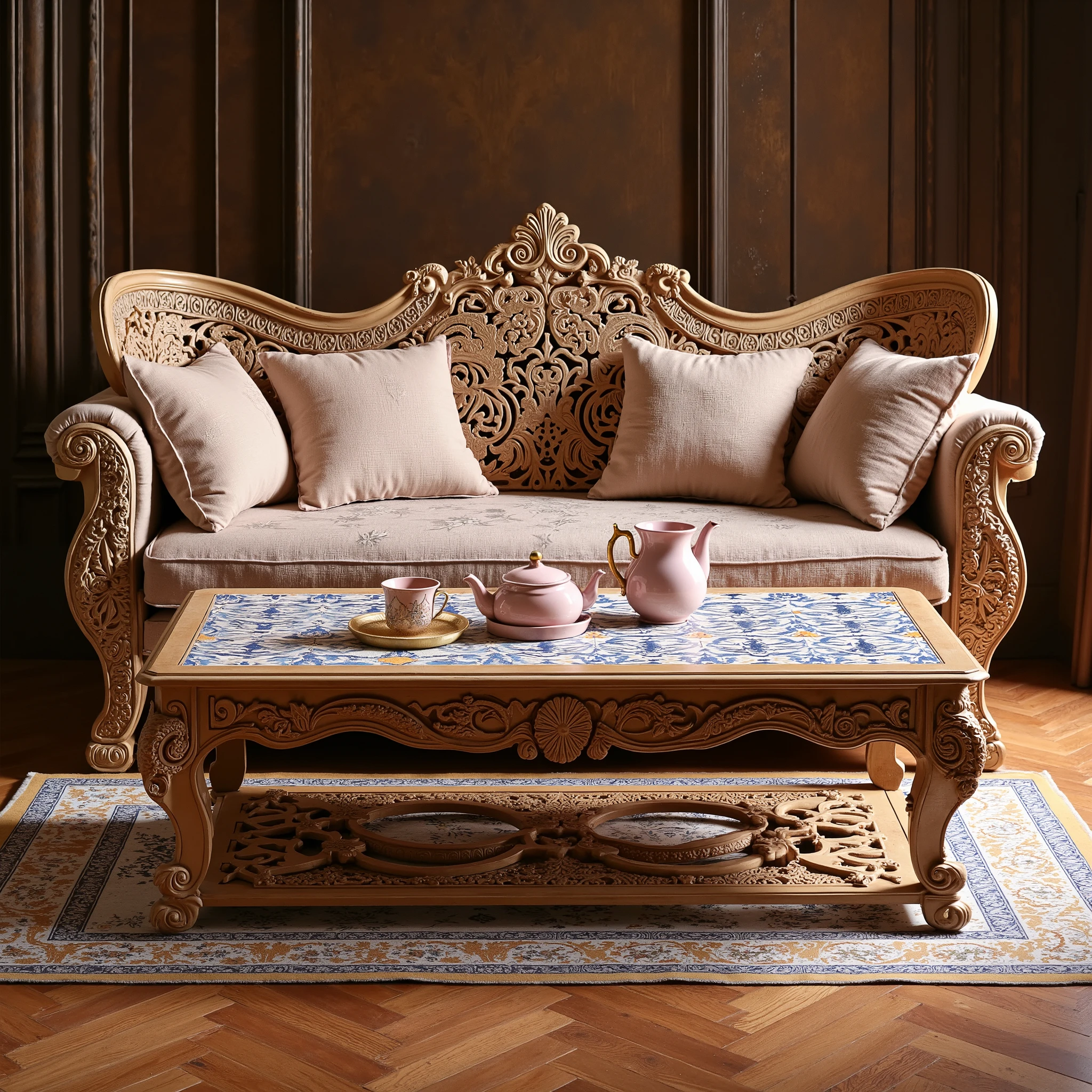 mughal, aka mughal, I want you to design a furniture suitable for Mughal architecture, so that the details of this furniture are clear. Let the furniture wooden carved flooring be decorated with geometric patterns printed with ajrap. Let this Furniture be a double berjer set. In the middle, let it be a wooden carved coffee table . Tile on this tile permit tiles. Let this tile resemble the Iznik tiles, let it be in blue and white tones. Have cushions to rest on the back of the bergers. Have tea with milk in the cup on the middle coffee table. Let the color of the tea be pink.