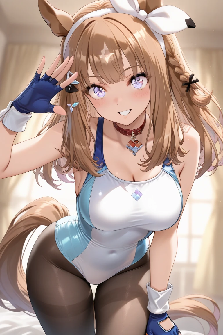 1girl, solo, breasts, looking at viewer, blush, smile, open mouth, bangs, large breasts, simple background, brown hair, hair ornament, bow, animal ears, cleavage, bare shoulders, purple eyes, tail, pantyhose, bowtie, grey background, rabbit ears, leotard, wrist cuffs, black pantyhose, strapless, covered navel, detached collar, fake animal ears, blue bow, playboy bunny, horse ears, horse girl, horse tail, strapless leotard, brown pantyhose, blue bowtie, blue leotard