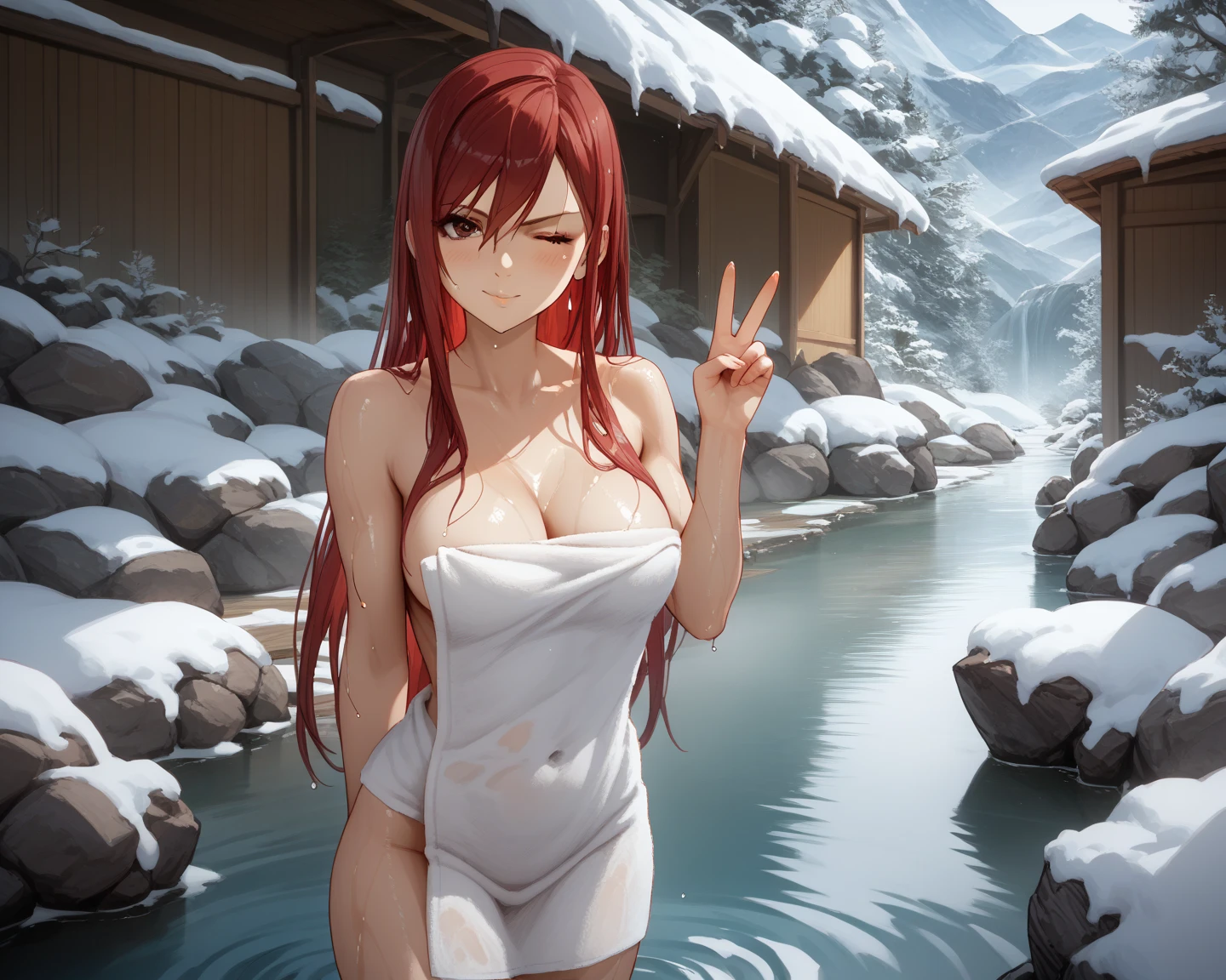 red hairs、hime-cut、Golden Eyes、eye glasses、ssmile、Early teens girl、Very small breasts、Thin pubic hair、Open the white robe、Opening legs、Snowy mountain hot spring、low angles