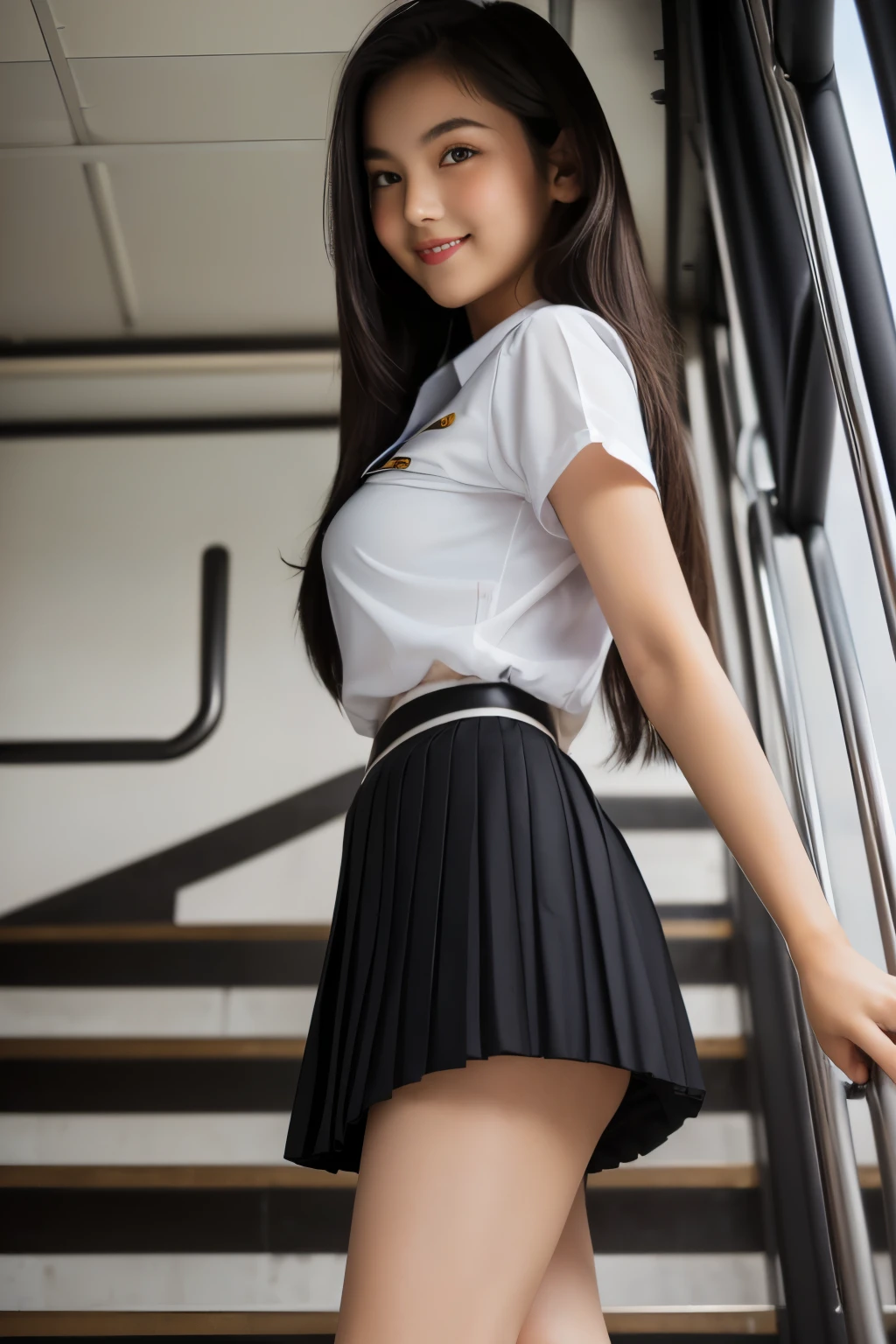 ((In a dimly lit elevator))、lewd smile、(Realistic、Realistic:1.37)、(masterpiece)、(Highest quality:1.4)、(Ultra-high resolution:1.2)、(RAW Photos:1.2)、(Sharp focus:1.3)、(stand:1.2)、elegant、(Ezvian Everywhere:1.2)、(A girl in an elaborate sailor suit and pleated skirt:1.3)、Japanese 、(32-year-old cosplays as a high school girl:1.1)、(smile:1.3)、(Makes hair shine:1.3)、 Brown haired、Long Hair、 Short pleated skirt、
(Big Breasts:1.2),、Beautiful and delicate eyes、 View your audience、(Photographer secretly taking pictures of underwear under a skirt、A woman smiles as she notices this)