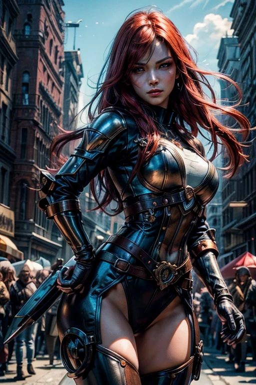 heroic pose, Standing photo, knight, destroyed city, ((A sexy and beautiful woman)), shorts brancos, neckleace, white knee-high boots, charmer smile, armour, half body prosthesis, using mechanical prosthesis, ((very long hair)), ((Rich Bust)), arm prosthesis, leg prosthesis, gradient eyes, seductive makeup, Vista Individual, nffsw, Hard disk, retina, master part, precise, Scientifically correct anatomy, texturized skin, super verbose, high détail, high qualiy, awardwinning, extremely high quality, high resolution, 1080P, Hard disk, 4K, 8k, 16K, (very detailled), realisitic, 8k, 4d cinema, [ digital art 4k ]!!, breasts big