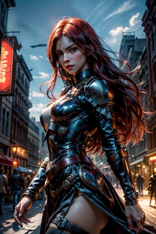 
highly detailed, realistic fantasy scene of a fierce, beautiful jedi woman with flowing red hair anda purple lightsaber. She is standing in a futuristic dystopian city with towering, crumbling buildings and spires. She wears intricate, ornate, alluring leather armor that blends elements of a corset and thigh-high boots, accented with red lace and a tattered leather trench coat. Her expression is intense, and alluring with a focus on the predatory and graceful nature of her movement. The lighting should be dramatic, with a moody, overcast sky casting shadows across the scene, enhancing the dark, brooding atmosphere, dynamic pose, perfect anatomy, full body, life size, detailed skin texture, full HD, 4K, HDR