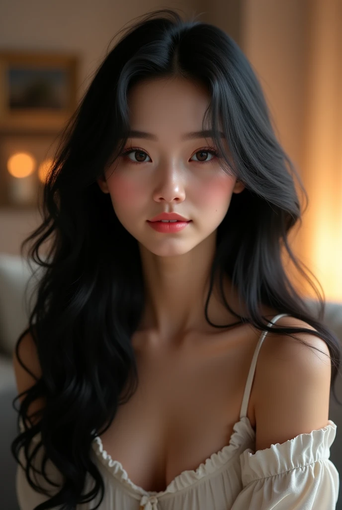 A short busty girl with long black hair and a medium brunette
