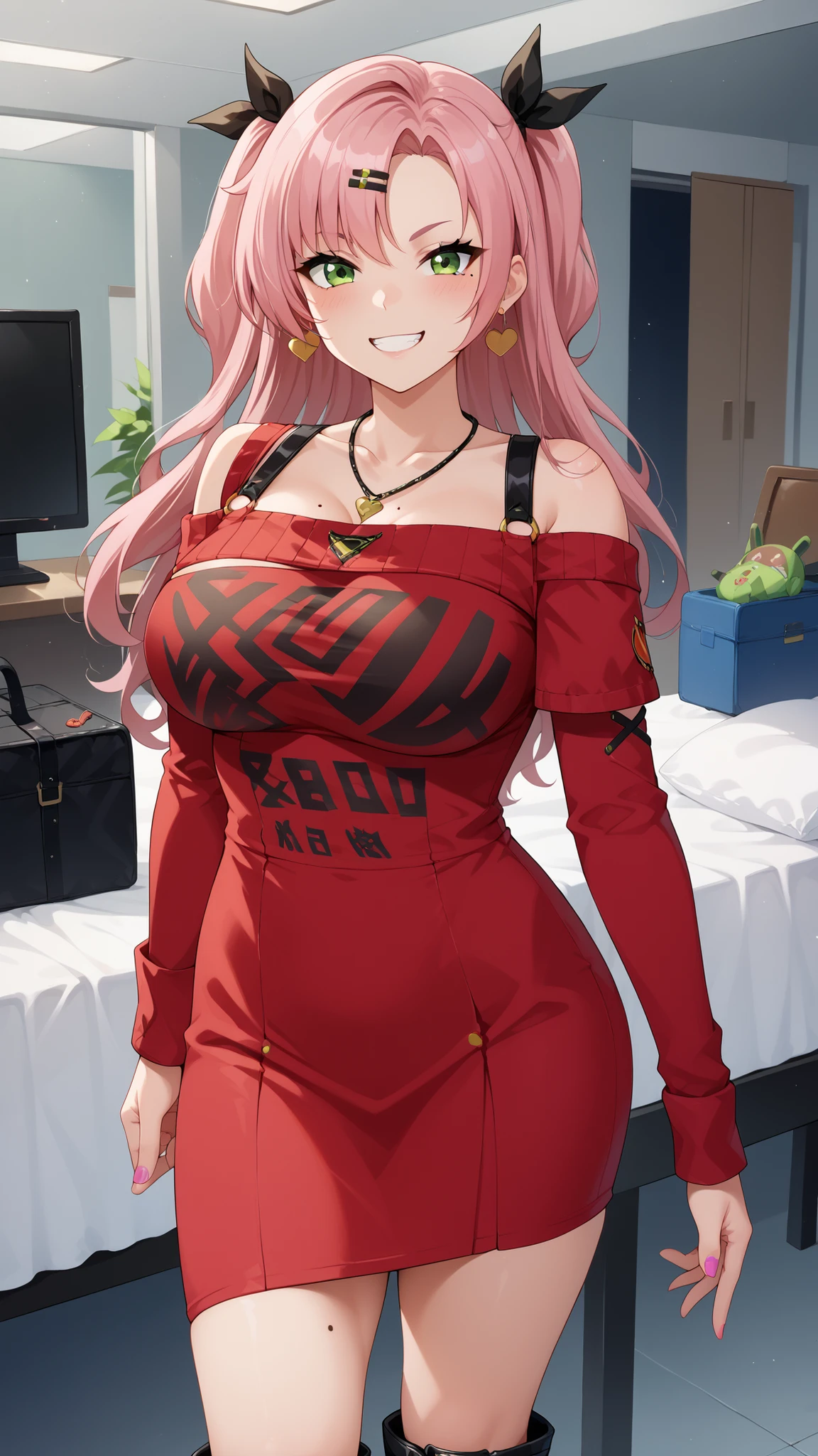 Nicole Demara, Nicole begins, (Green Eyes:1.5), Pink Hair, hair ornaments, hair ribbon, Hair Clip, Long Hair, mole, mole on breast, mole on thigh, mole under eye, Both sides up, ribbon, Grin, 笑face, Open your mouth,
BREAK black footwear, black ribbon, black Shorts, black socks, black Knee socks, boots, Cleavage, Earrings, jewelry, Knee-high, Manicure, necklace, O-ring, Thigh straps, Knee socks, Both sides up,
BREAK looking at viewer, (Cowboy Shot:1.5),
BREAK (masterpiece:1.2), Highest quality, High resolution, unity 8k wallpaper, (figure:0.8), low length, Primary school students, face, Young girl body, NULL目, score_9, score_8_up, NicoleNSFW, green eyes, pink hair, long hair, two side up, Big breasts, mole under eye, hairclip, thick legs, sexy legs, wide hips, smile, horny face, seductive face, blushing