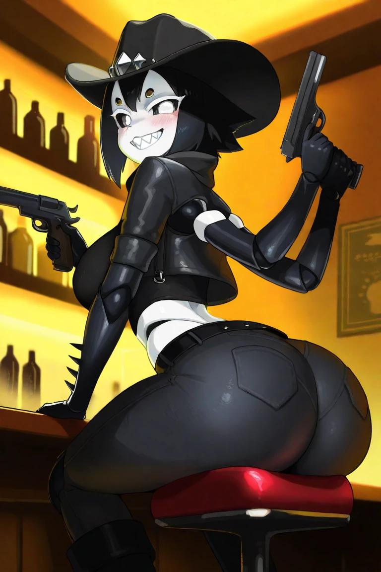 score_9, score_8_up, score_7_up, score_6_up, seductive expression, naked, holding electric guitar, I-no from Guilty Gear, black hair, iridescent eyes, bobcut, red witch hat, fingerless gloves, closed mouth smile, mole on lip, nail polish, eyeshadow, full lips, nipple slip, busty, round ass, exposed pussy, (detailed eyes), rooftop, night, source_anime, rating_explicit