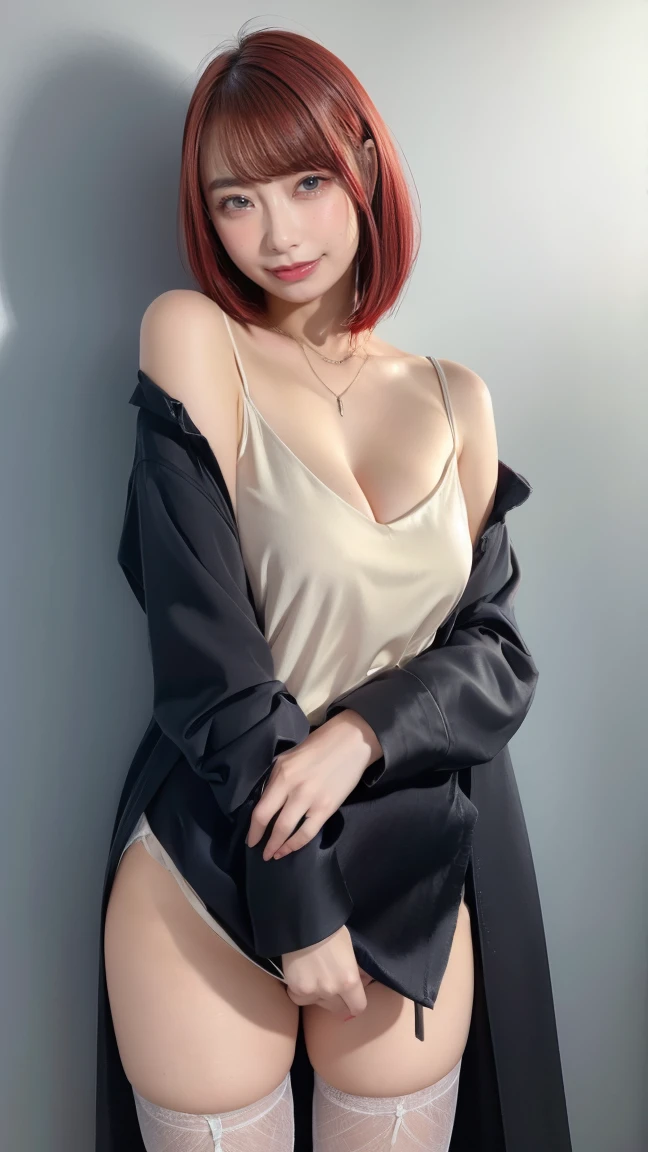 1 beautiful woman, 20 years old, pale white skin (very detailed and delicate skin), bright blue eyes (vampire eyes) (very detailed and expressive eyes), red hair, short hair, perfect body, perfect abdomen, perfectly round butt, makeup, red lips, delicate earrings, delicate necklace, choker, hair band, look at viewer, ((black cardigan)), very tight short skirt, sexy pose, in a room with a city view (masterpiece), (8K), (cinematic lighting, (photorealistic), (minute details)