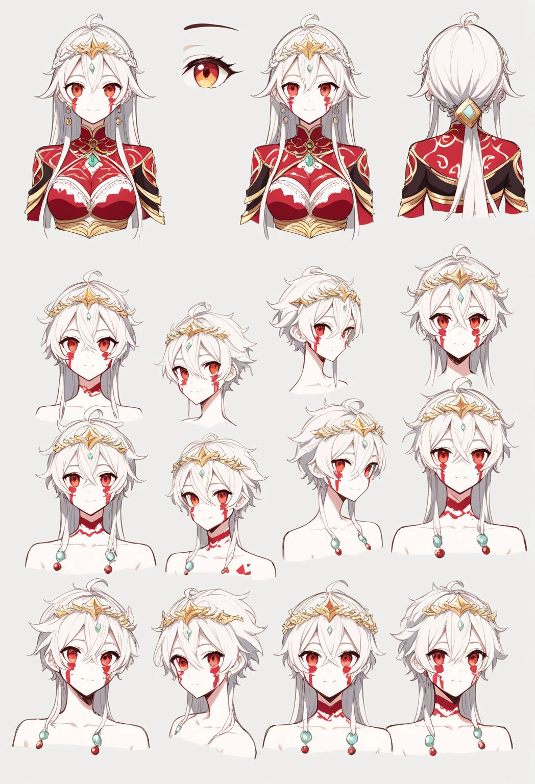 masterpiece, best quality, Freya has a beauty that is superior and outstanding even among the gods. She has long silver hair, purple eyes, and white skin like that of fresh snow. She has a perfect golden ratio, enough to think that the golden ratio originated from her. Her clothes are in large part black and red, they expose most of her stomach and breasts. She also wears two flower-like ornaments in her hair.