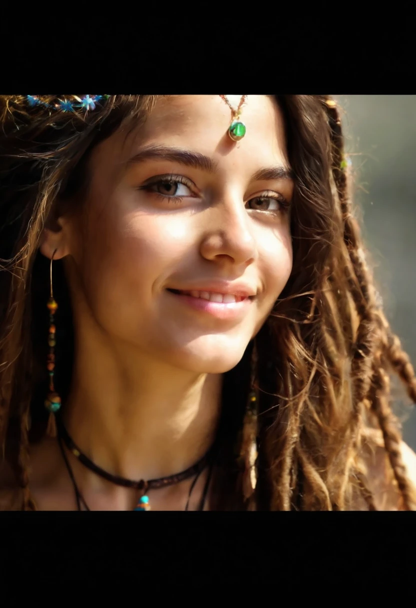 (best qualityer, bright coloured:1.2),ultra detali,realisitic,portraite,white hippie woman,tan lines,hippie clothes,sensual attitude,Fine body,dark brown straight hair,Dreadlocks,Bohemian style,peaceful expression,crown of flowers,Earthy tones,boho accessories,dreamy background,soft lighting,peace sign,relaxed posture,expressive eyes,serene smile,moda hippie,hazy atmosphere,Make-up natural,golden sunlight,Free spirit, breasts big, deep decolte, hippie shirt, Woodstock no fundo